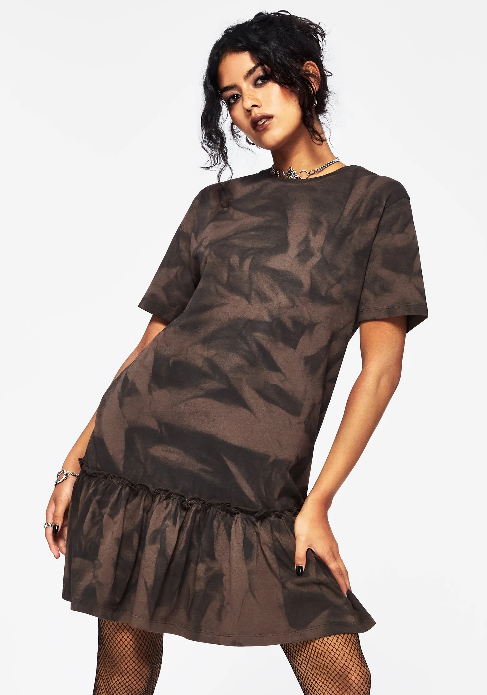 Mugwort Cotton Ombre Jersey Frill Hem Mini Dress Texture Softness Gentle Texture