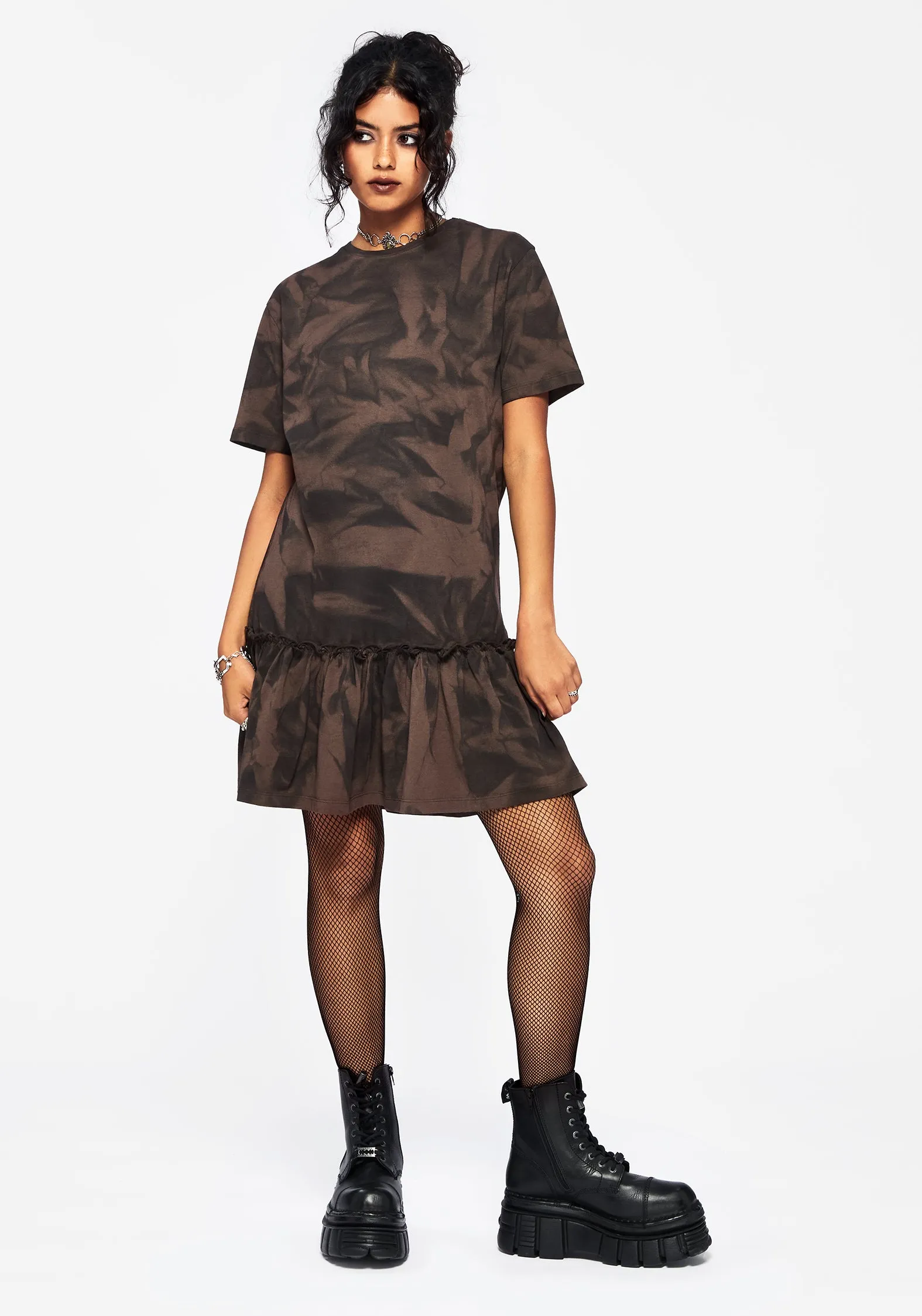 Trend Texture Mugwort Cotton Ombre Jersey Frill Hem Mini Dress