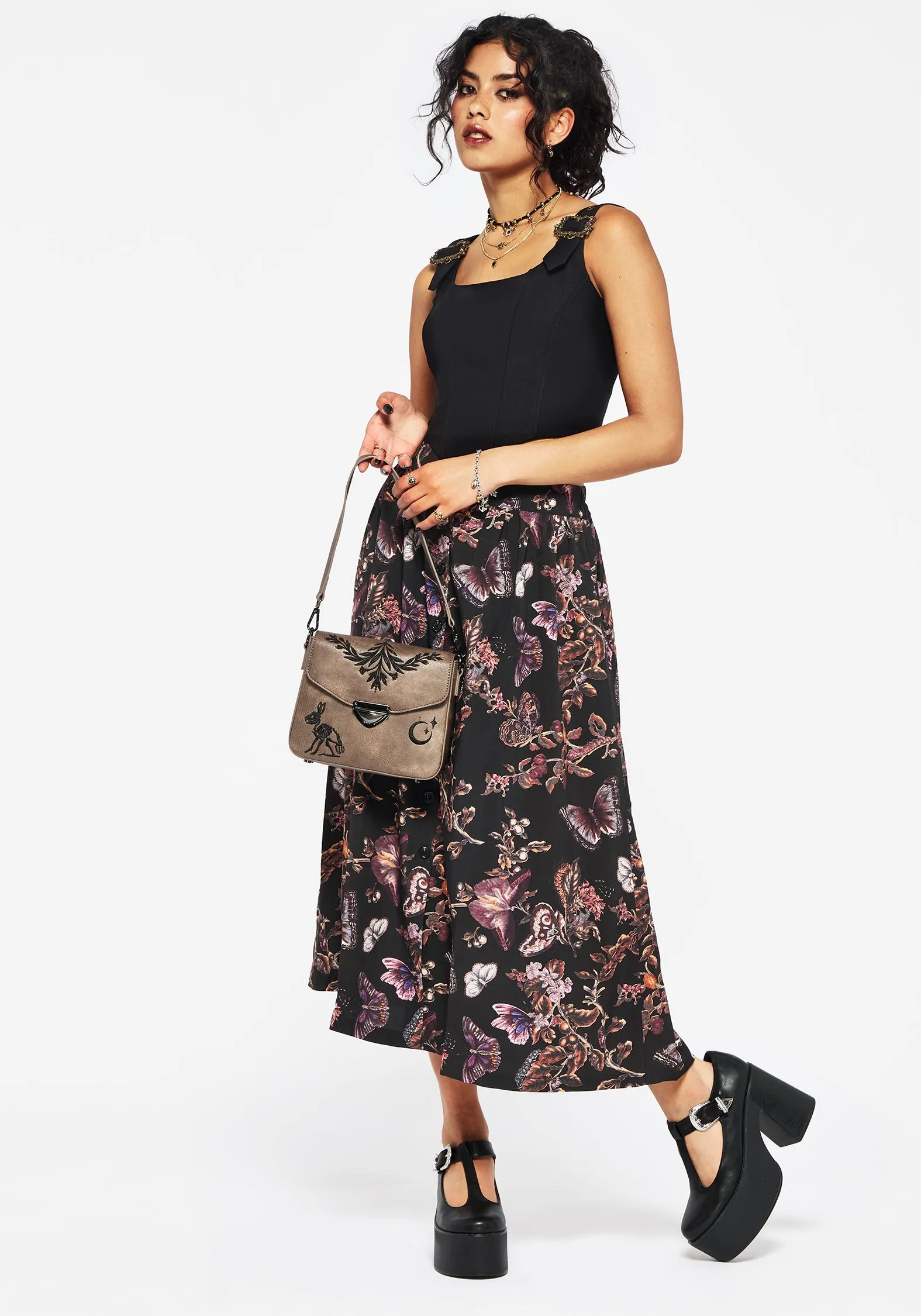 Fashion Mood Eloise Floral Butterfly Print Button Up Midi Skirt