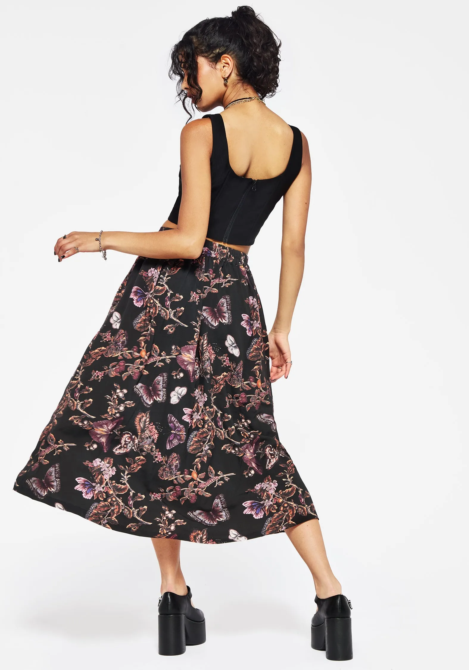 Multi Purpose Eloise Floral Butterfly Print Button Up Midi Skirt