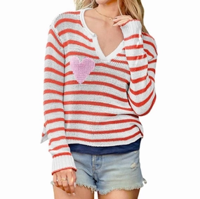 Eloise Striped Henley Sweater In Red & White Knitwear Comfort Comfy & Cozy
