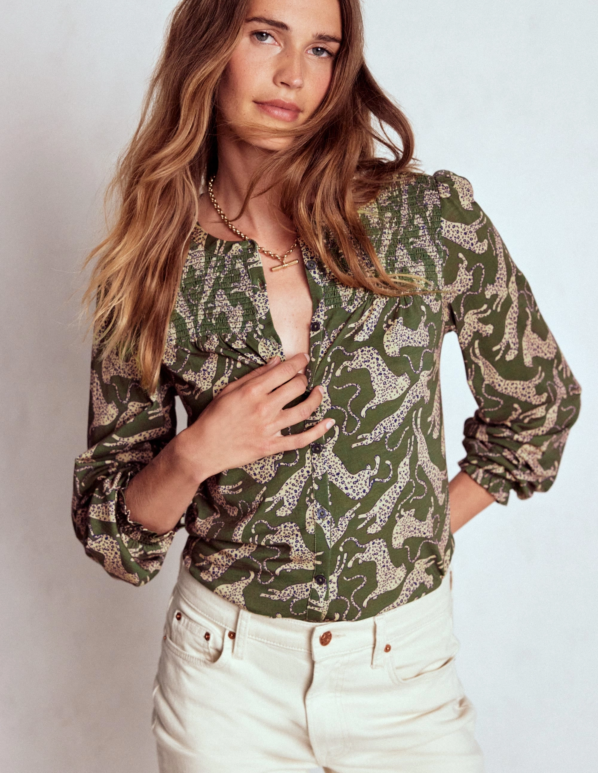 Adjustable Hemline Elsa Smocked Yoke Jersey Shirt-Green, Leaping Leopard Adjustable Cuff