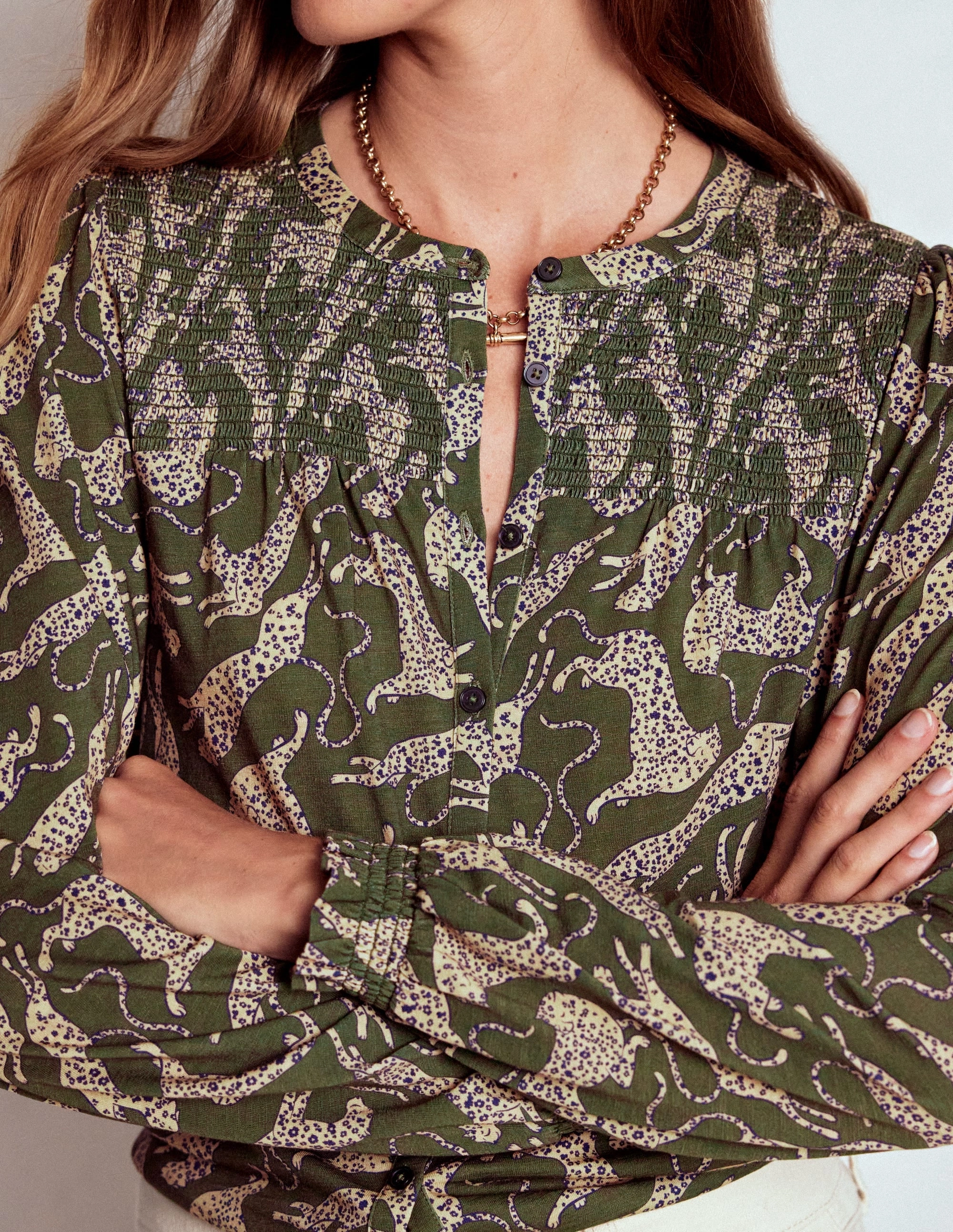 Elsa Smocked Yoke Jersey Shirt-Green, Leaping Leopard Adjustable Cuff Comfortable clothing Stretch Knit Material