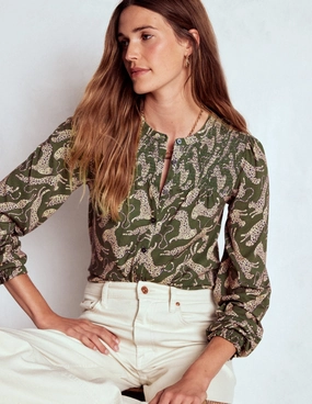 Convertible Style Elsa Smocked Yoke Jersey Shirt-Green, Leaping Leopard Adjustable Cuff
