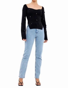 Soft Warmth Embellished Floral Sequin Sweater In Black