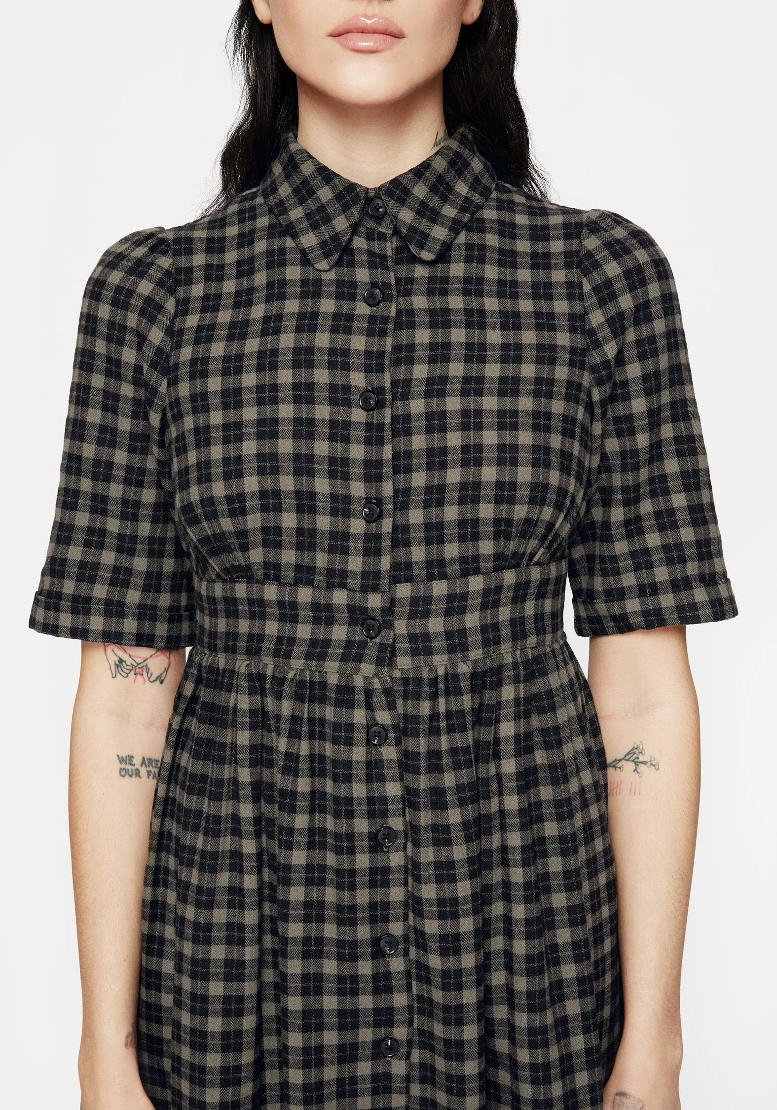 Form Fitting Bold Fashion Terra Midi Smock Shirt Dress - Olive