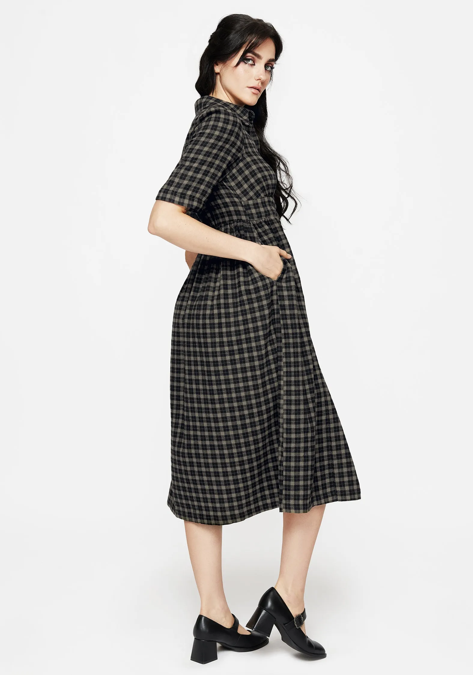 Stylish Layer Contrast-Panel Terra Midi Smock Shirt Dress - Olive