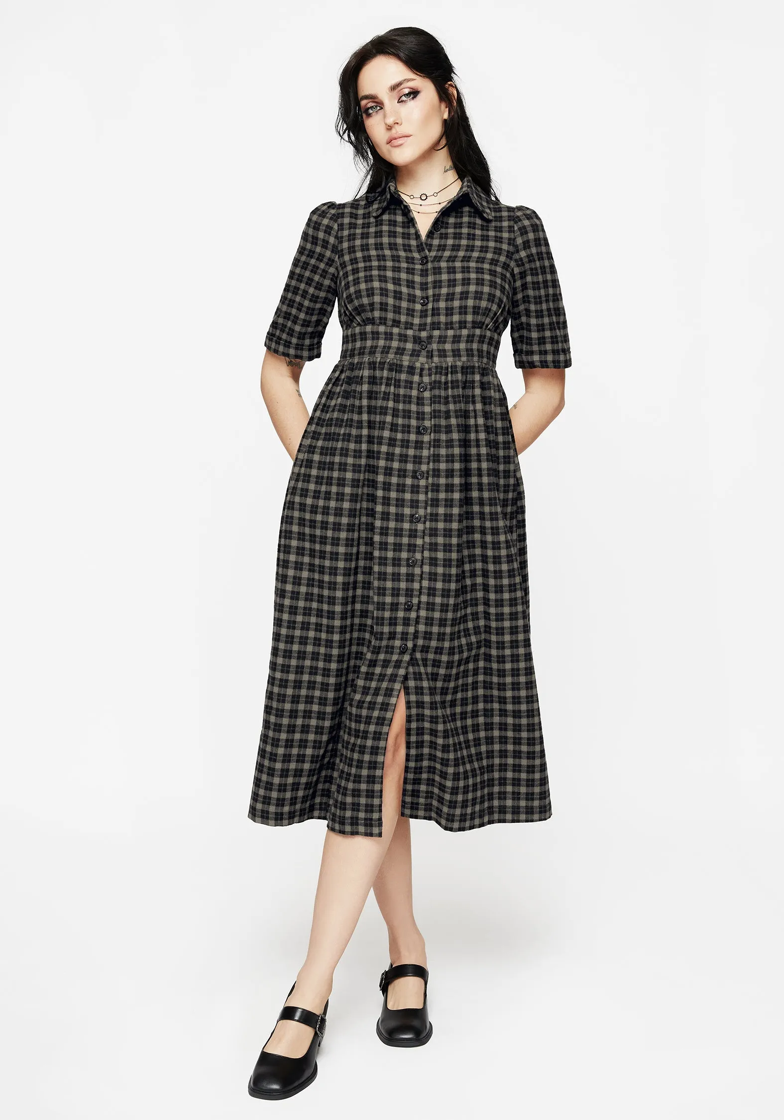 Elegant Piece Terra Midi Smock Shirt Dress - Olive