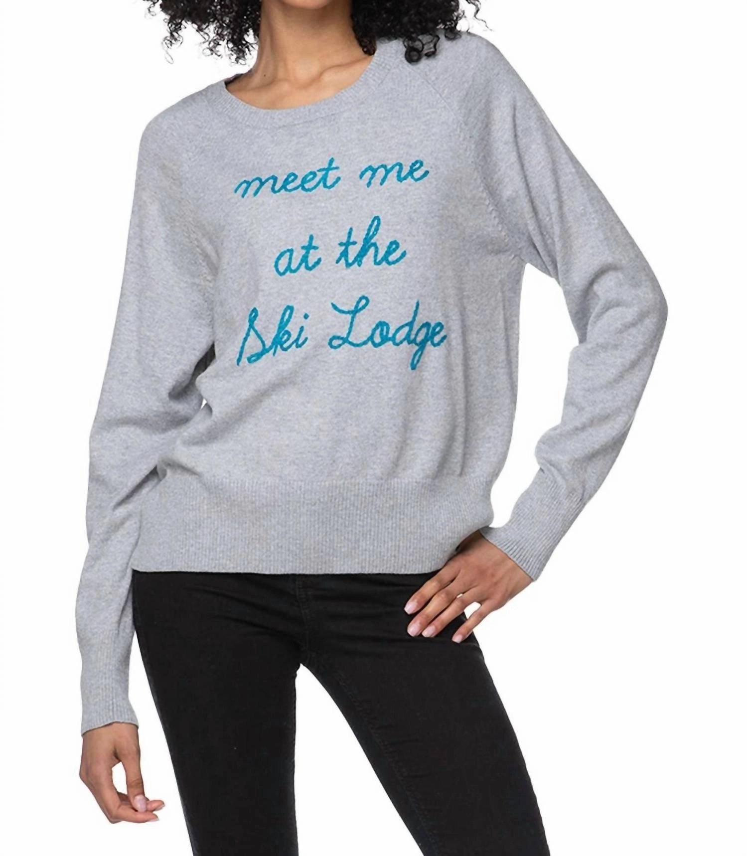 Chilly Season Wear Curved Hemline Embroidery Sweater In Meet Me At The Ski Lodge