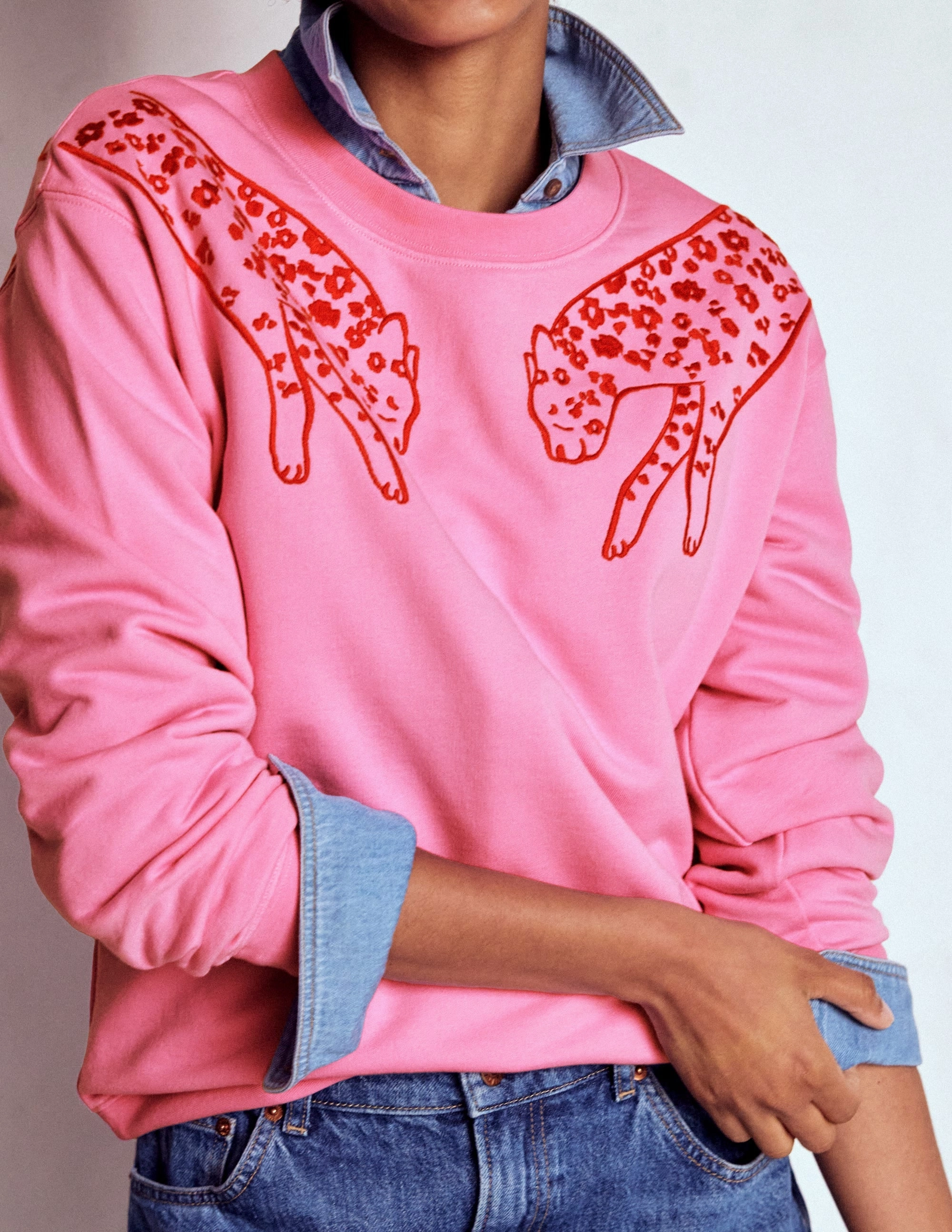 Emi Embroidered Sweatshirt-Leopard Embroidery Softened Seam PreShrunk Fabric