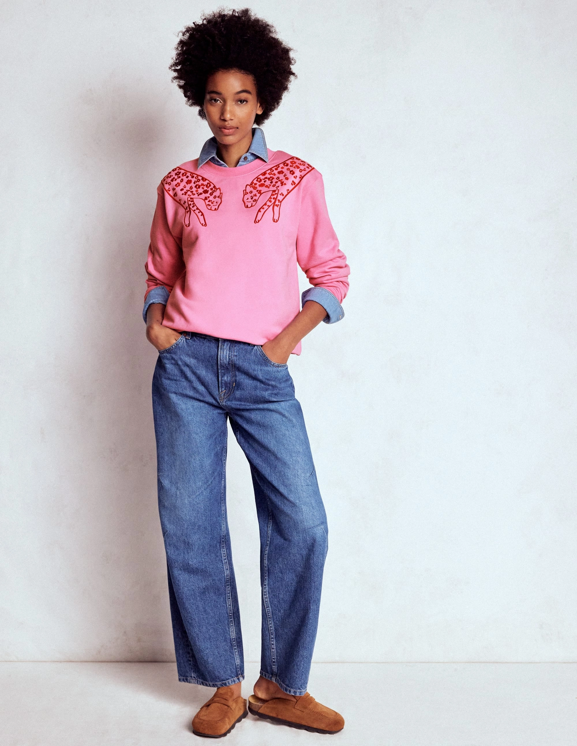 Emi Embroidered Sweatshirt-Leopard Embroidery Softened Seam Formal Shirt