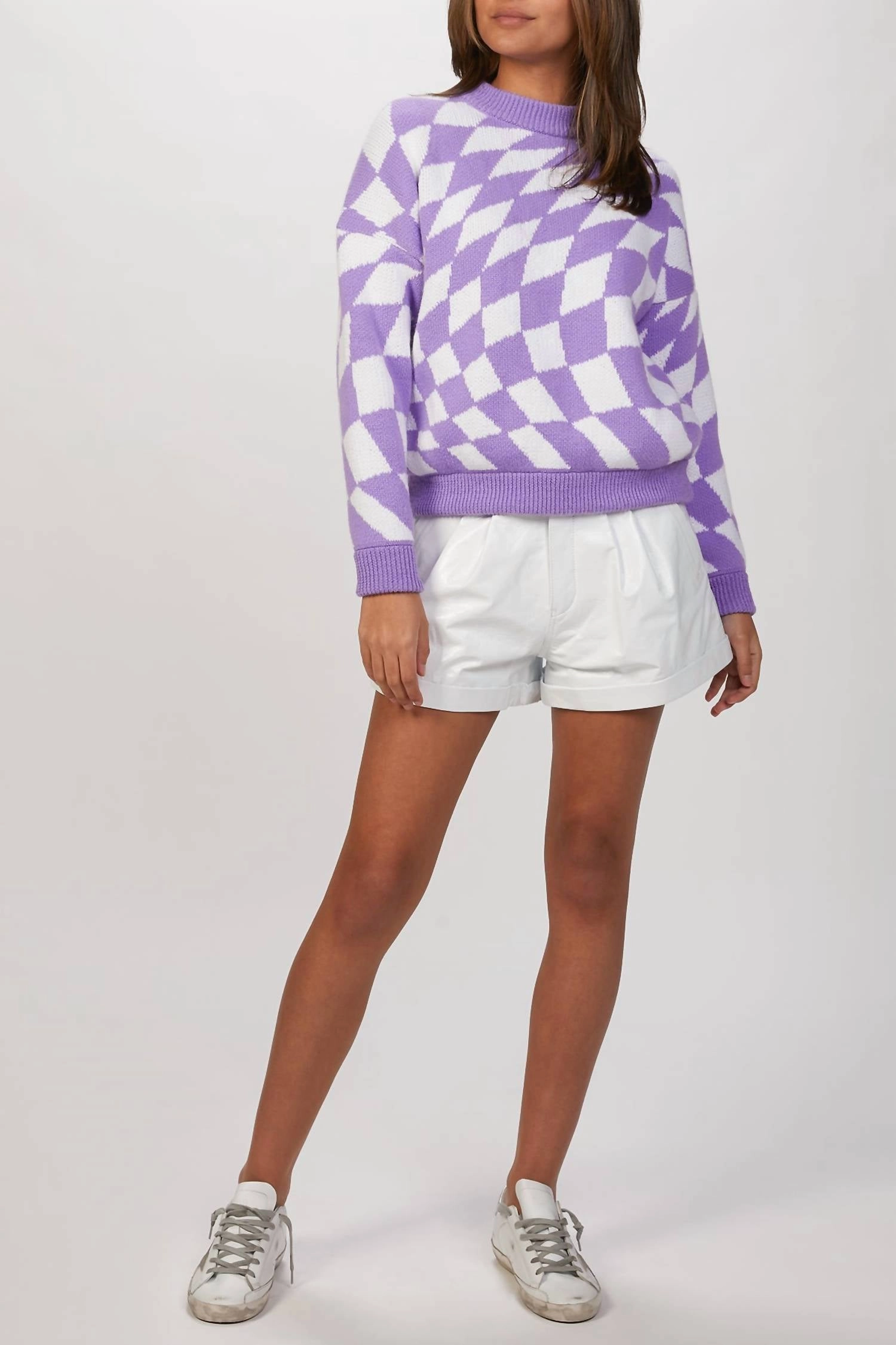 Knit Look Emma Sweater In Purple Warp Check