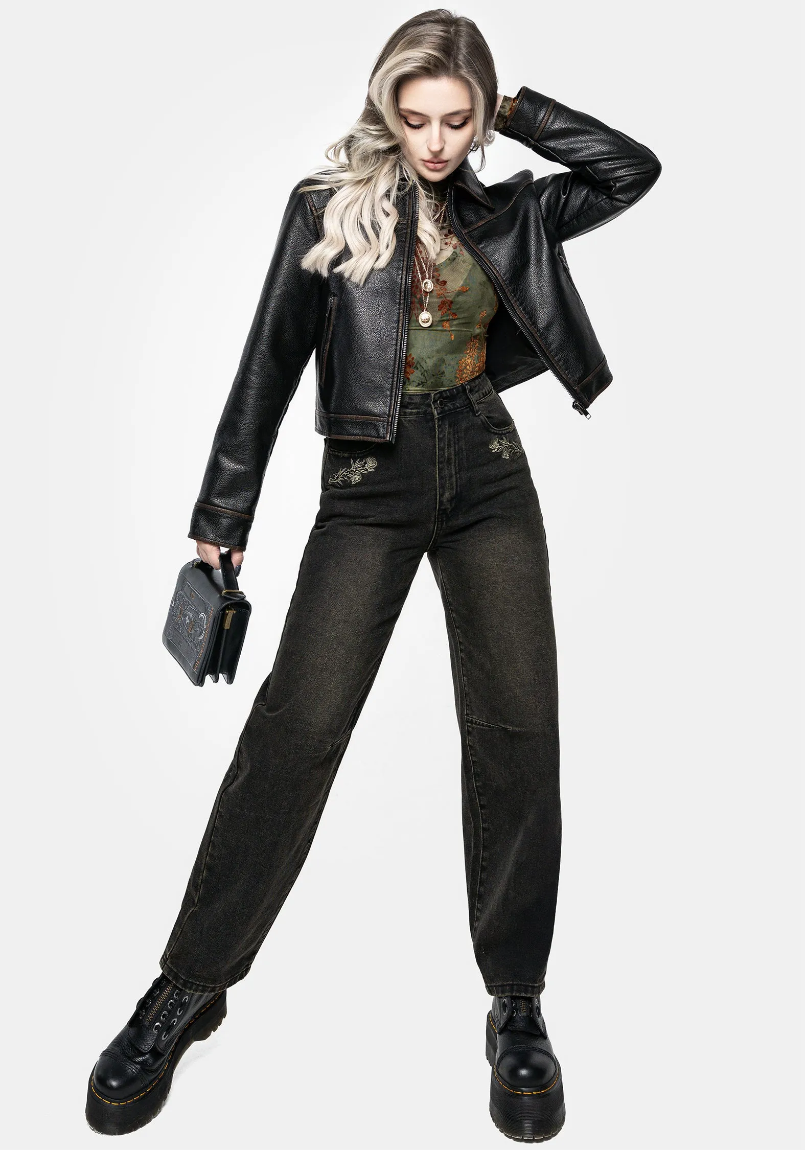 Ermania Crop Faux Leather Jacket Glove Friendly Cuff Design stain resistant coating
