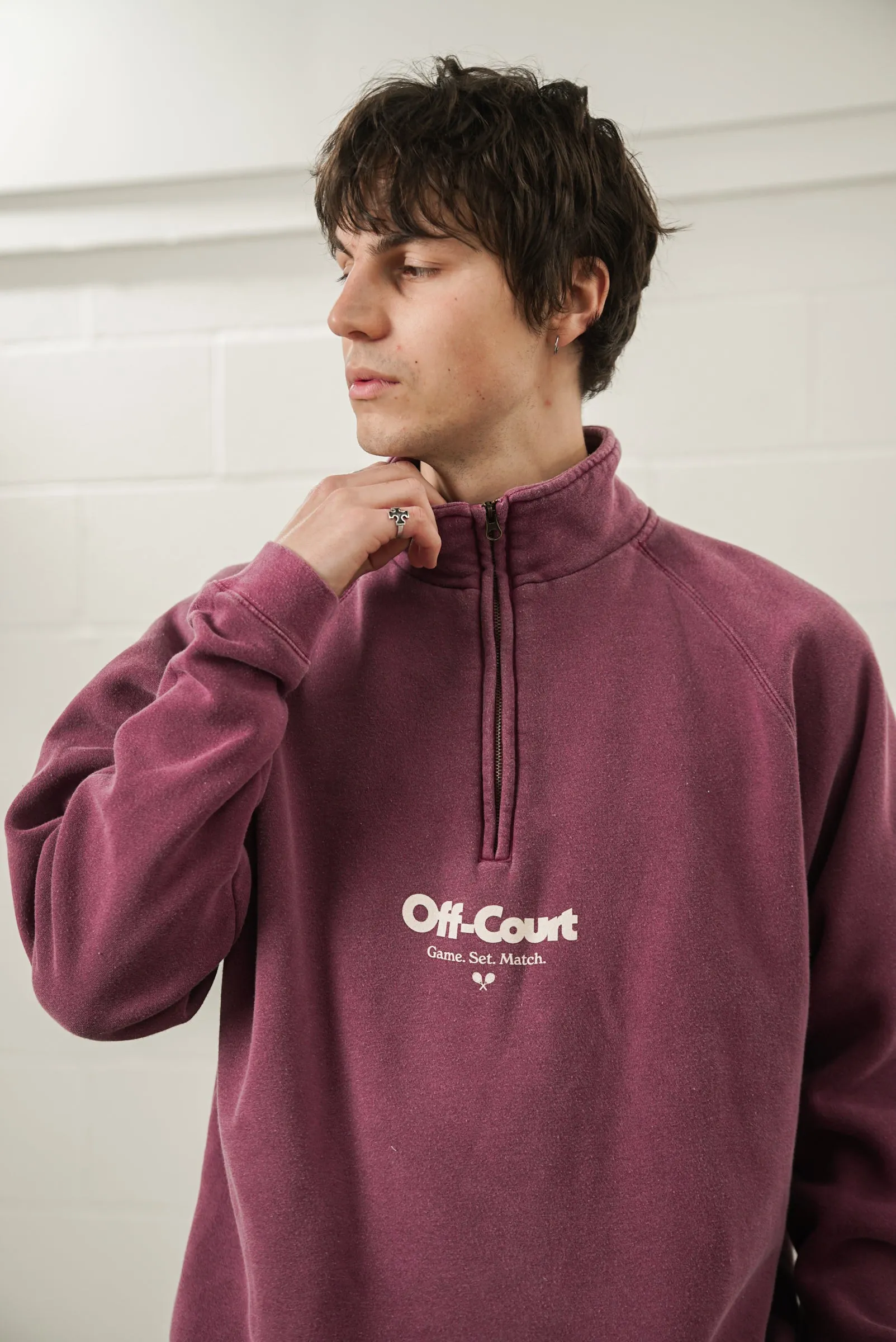 Vice 84 'Off-Court GSM' Washed 1/4 Zip Sweater - Maroon Trendy Design Winter Must-Have Knit