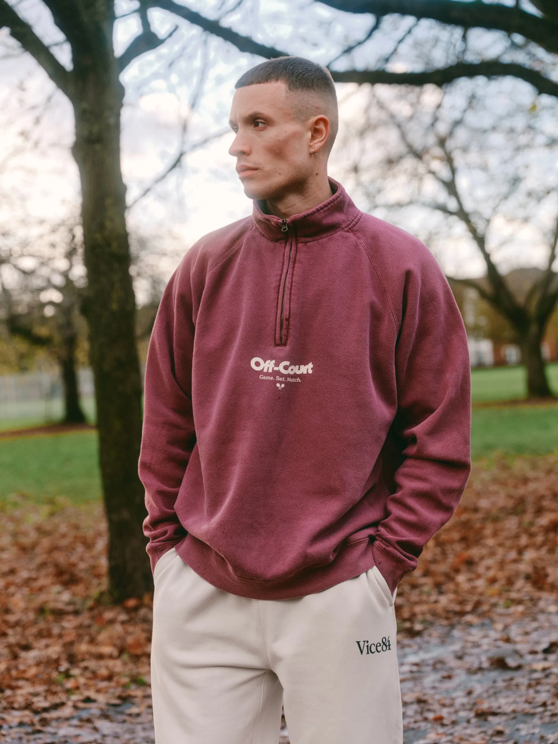 Vice 84 'Off-Court GSM' Washed 1/4 Zip Sweater - Maroon Hypoallergenic Lining