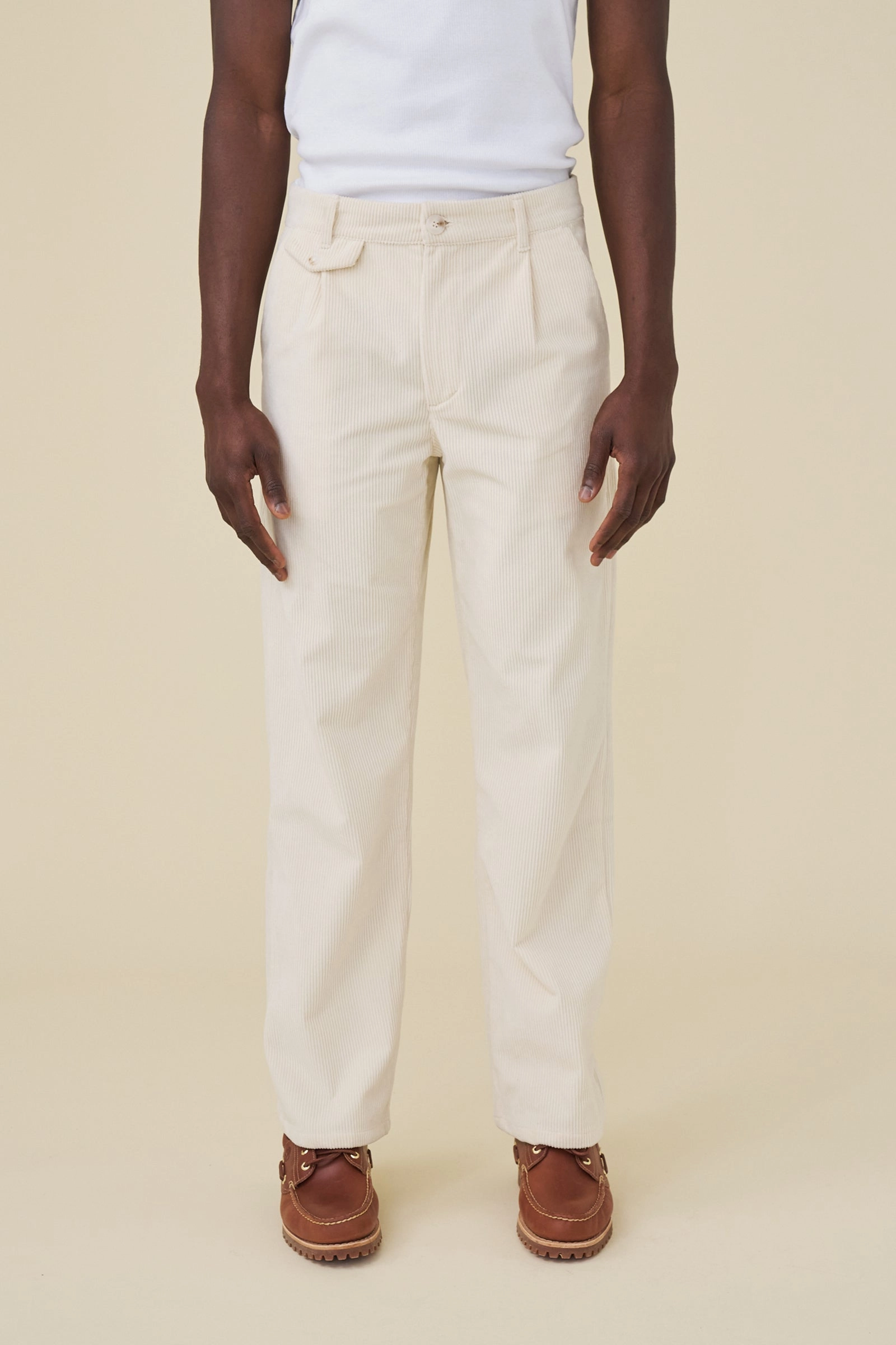 bound Wide Leg Corduroy Trousers - Light Cream ReinforcedKnees Sporty Comfort Fit
