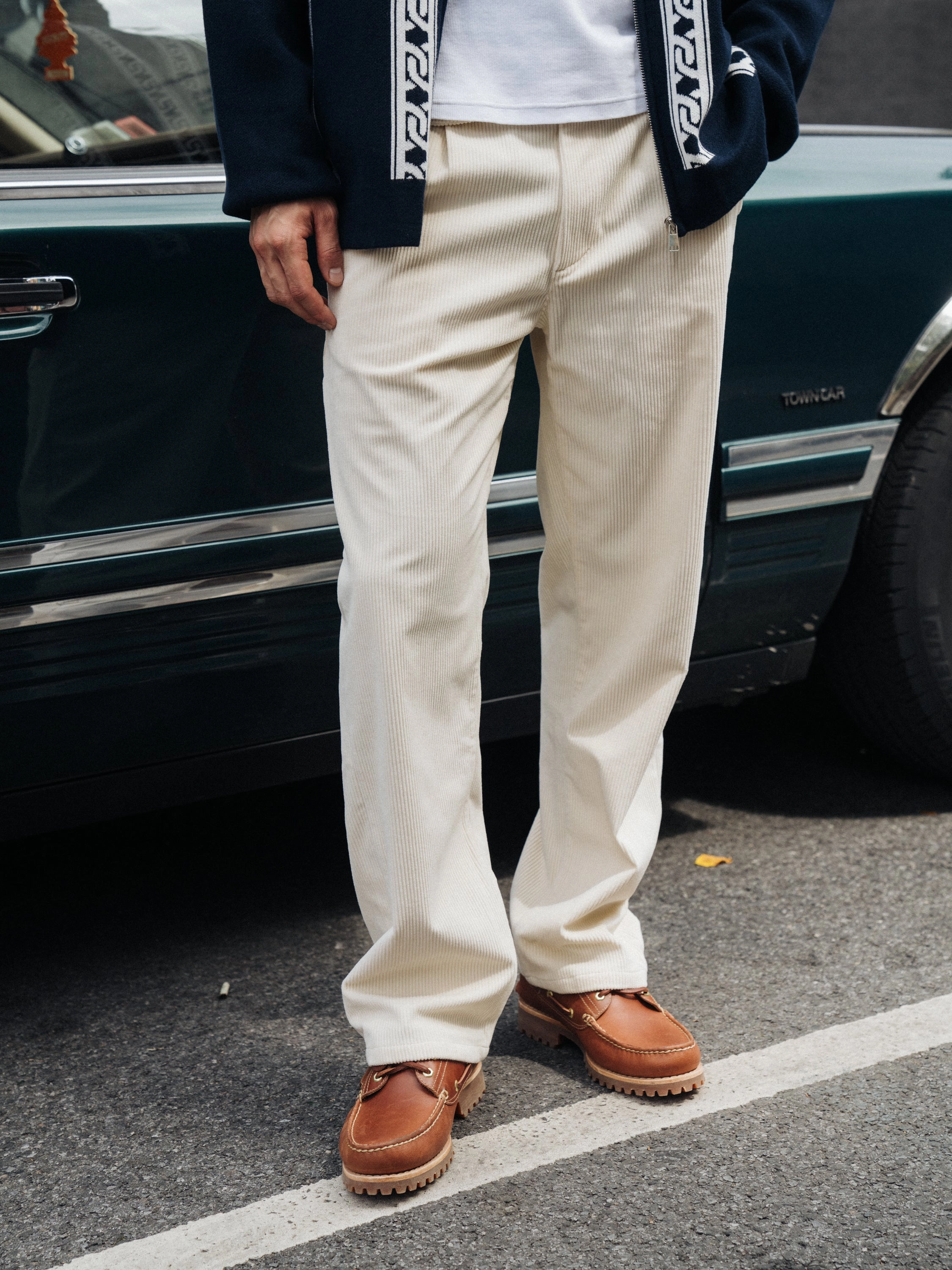bound Wide Leg Corduroy Trousers - Light Cream Timeless Comfort Fit