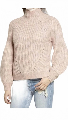 Mock Neck Chunky Knit Balloon Sleeve Sweater In Pink Everyday Layer Soft Touch