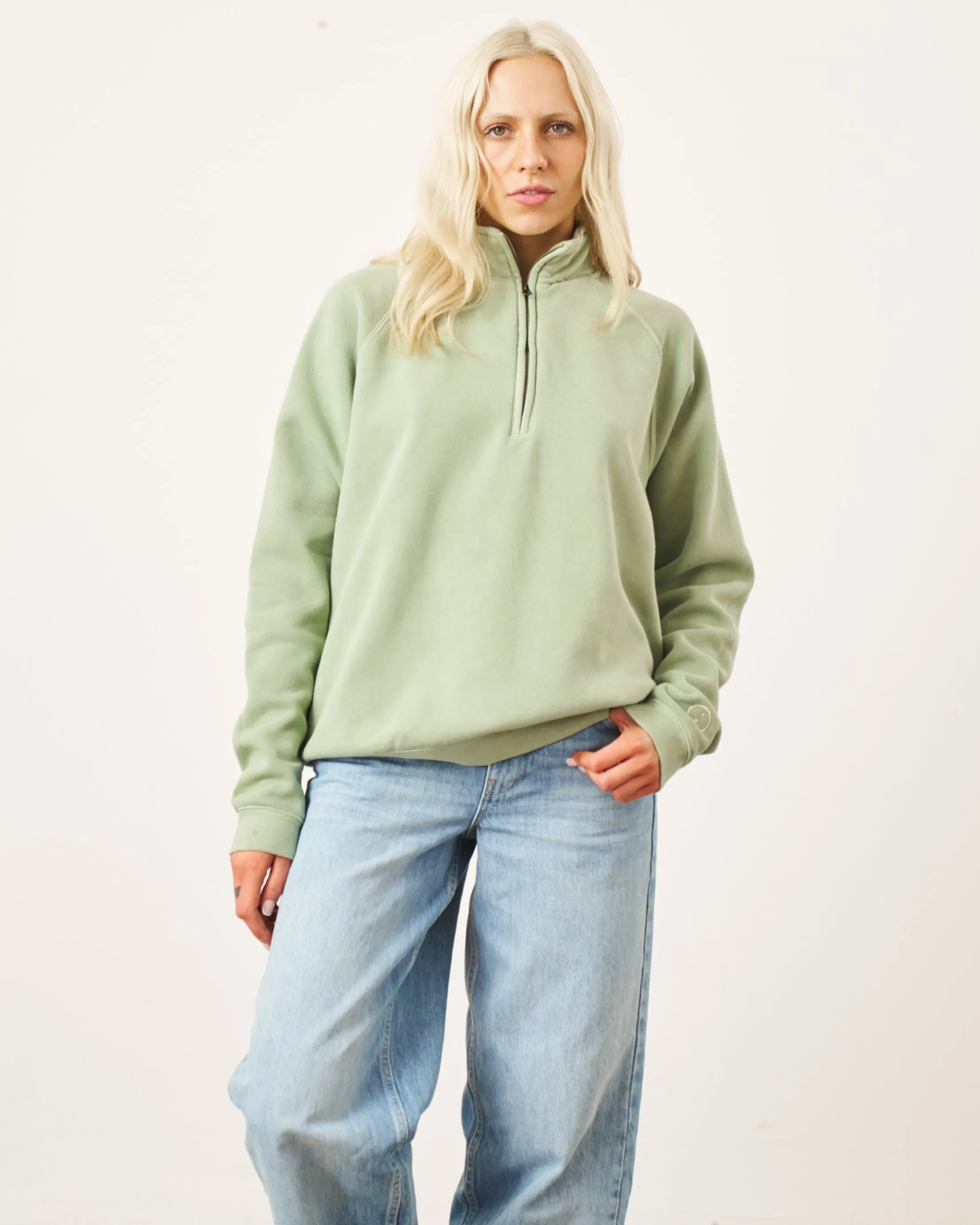 Essentials Vintage Washed 1/4 Zip Sweatshirt - Sage Green Warm Winter Wear Casual Comfort Wear