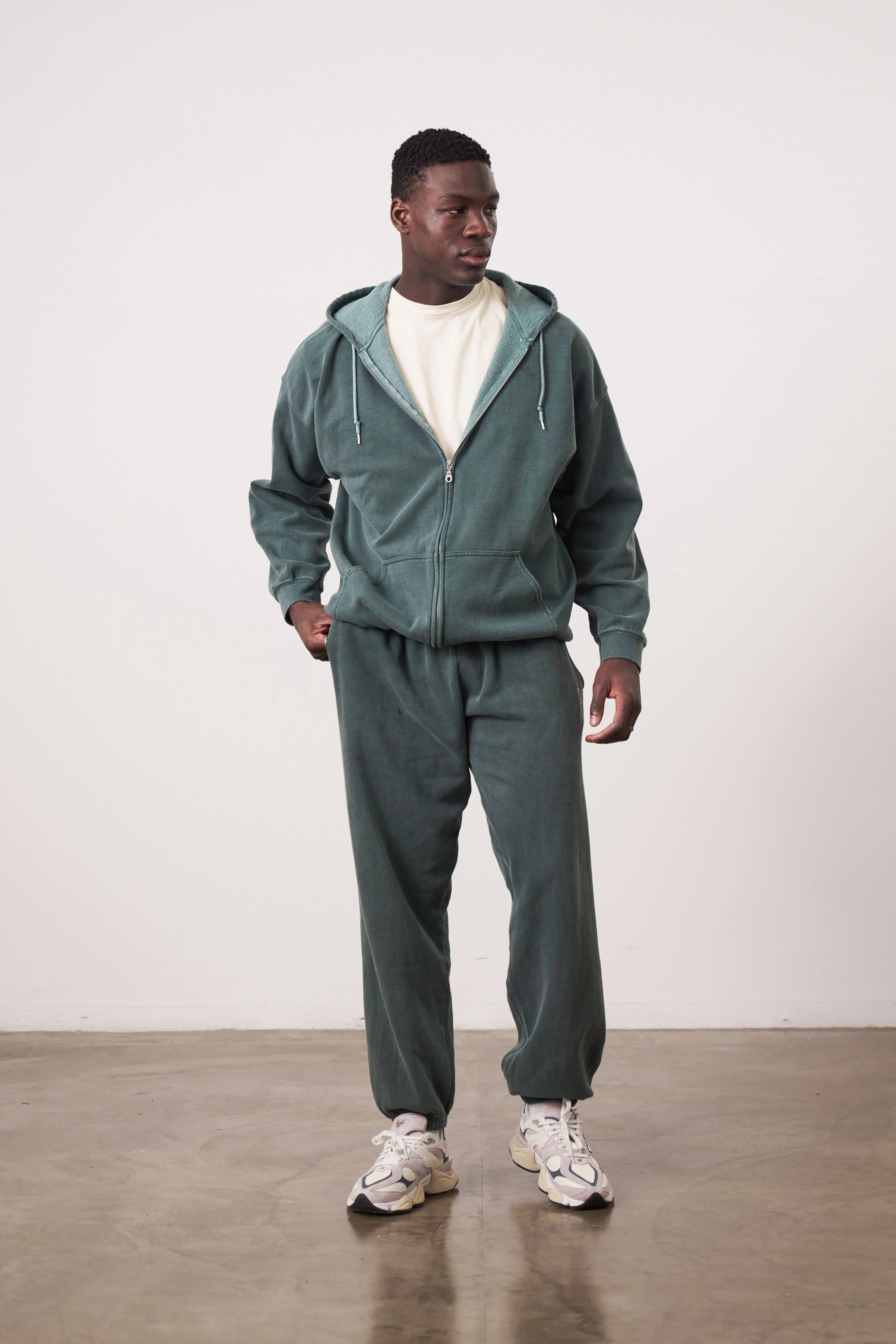 Essentials Vintage Washed Zip Up Hoodie - Forest Stain Resistant Travel Style