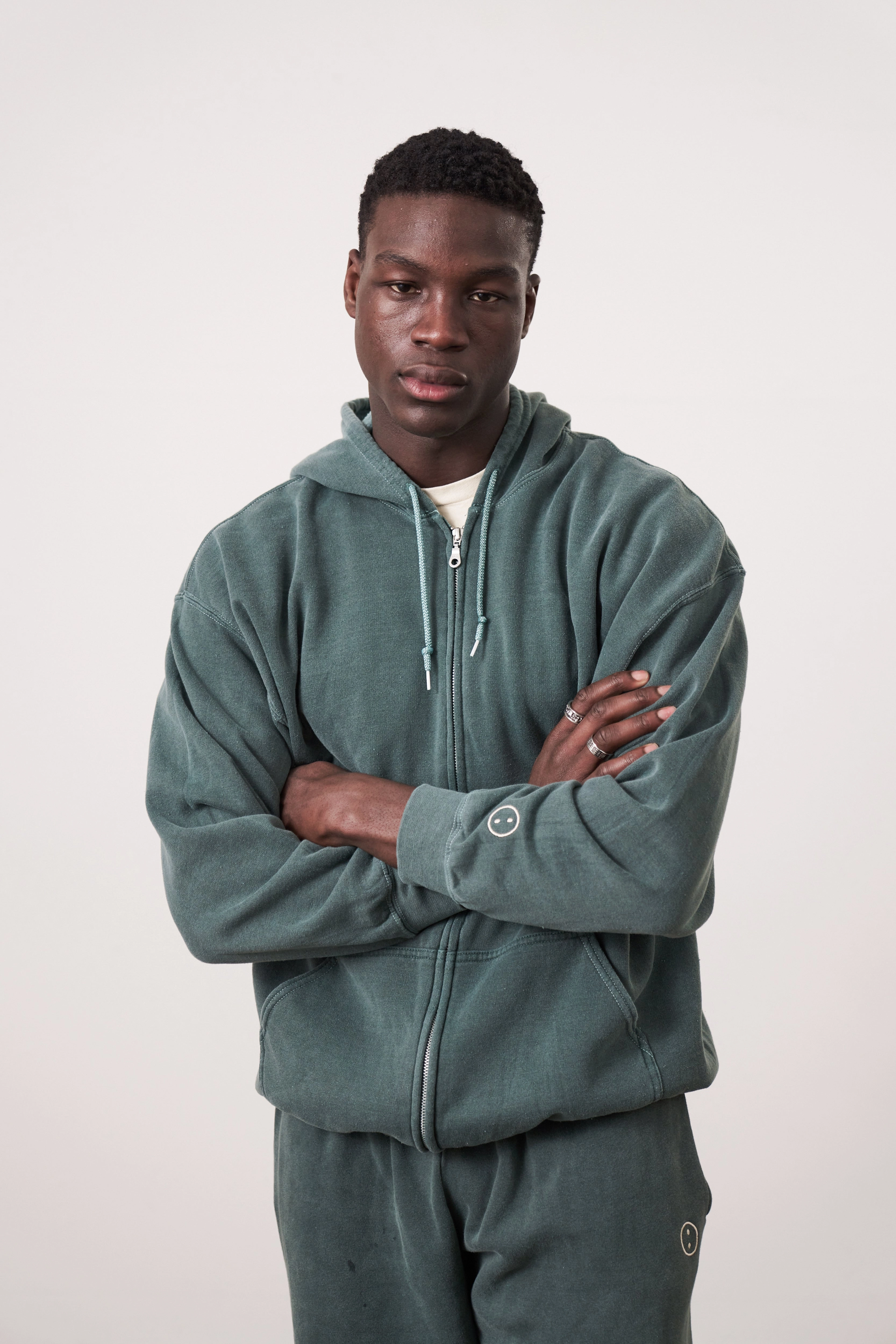 Essentials Vintage Washed Zip Up Hoodie - Forest Ribbed Cuffs