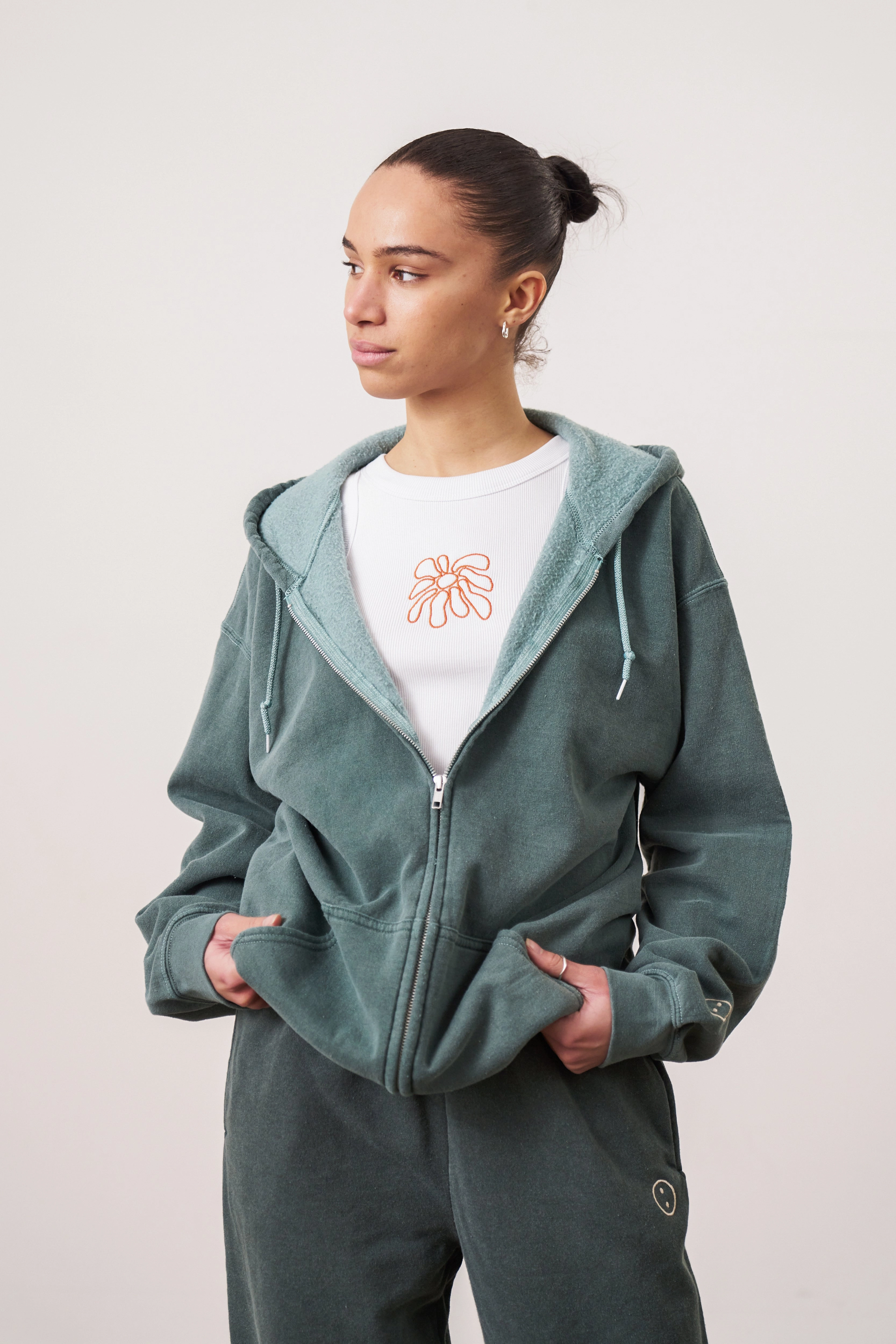Essentials Vintage Washed Zip Up Hoodie - Forest Lightweight Feel Rare Find