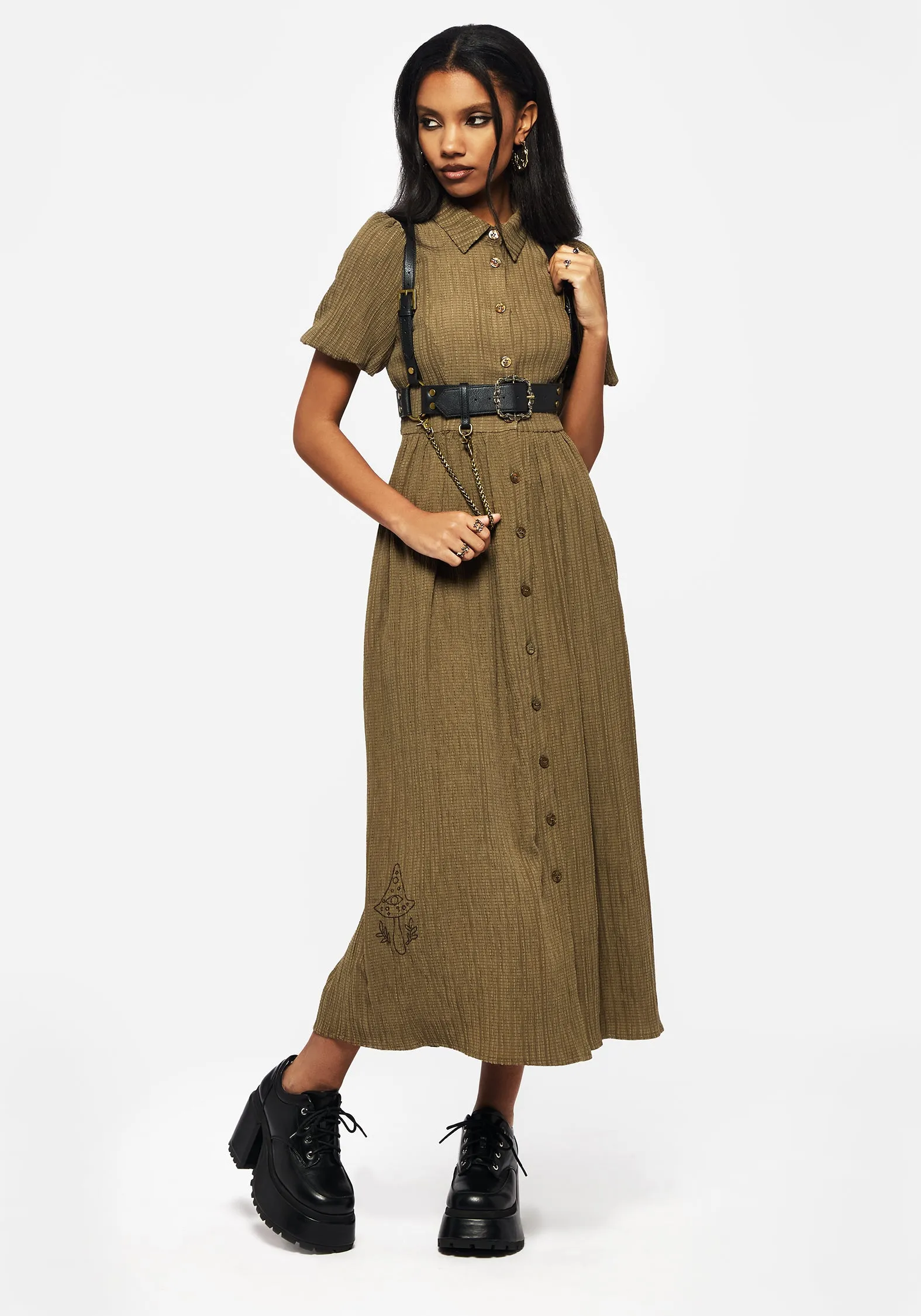Ramaria Embroidered Puff Sleeve Button Up Midaxi Shirt Dress Pastel-Tone Fashionable appearance