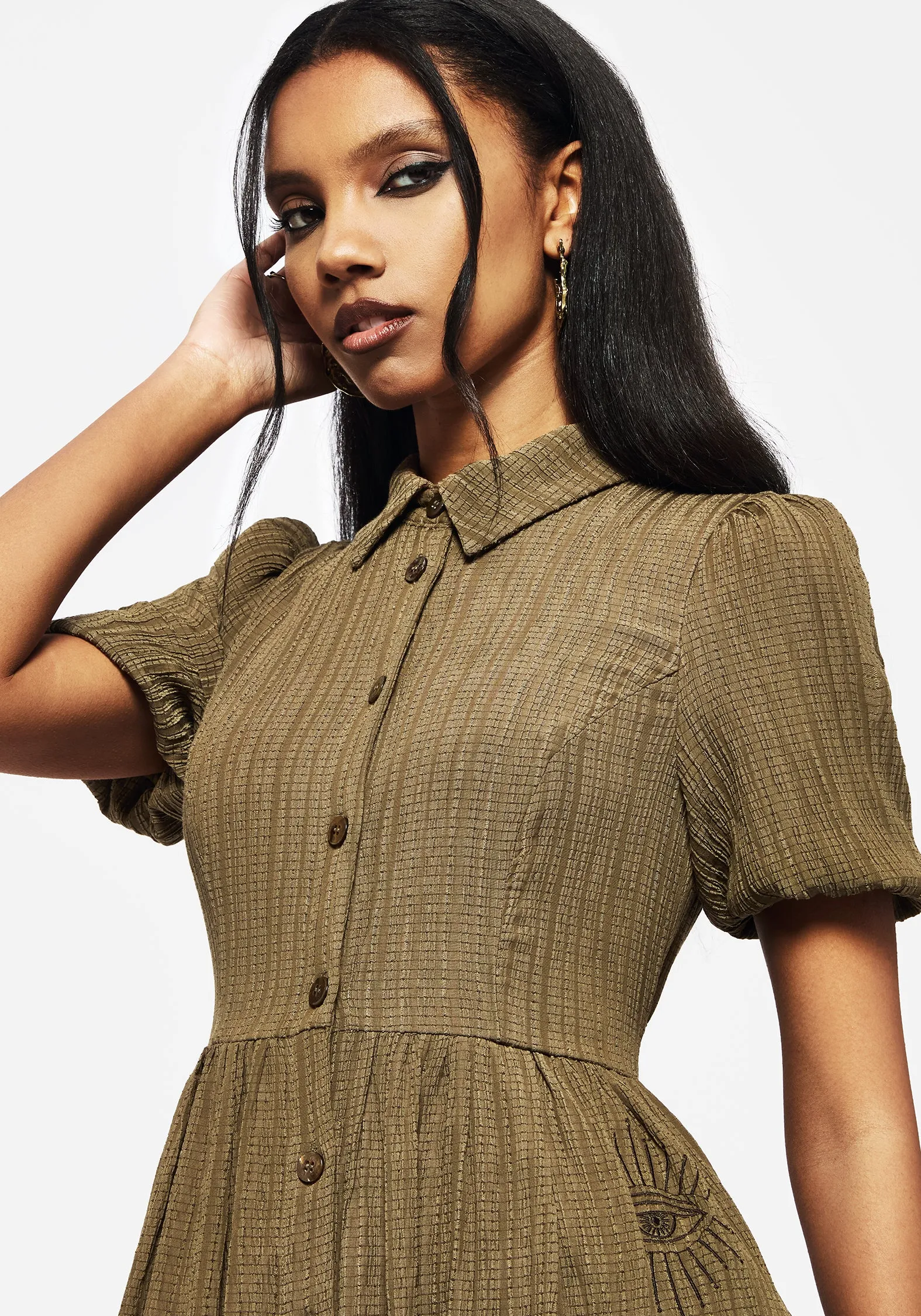 Ramaria Embroidered Puff Sleeve Button Up Midaxi Shirt Dress Work Appropriate