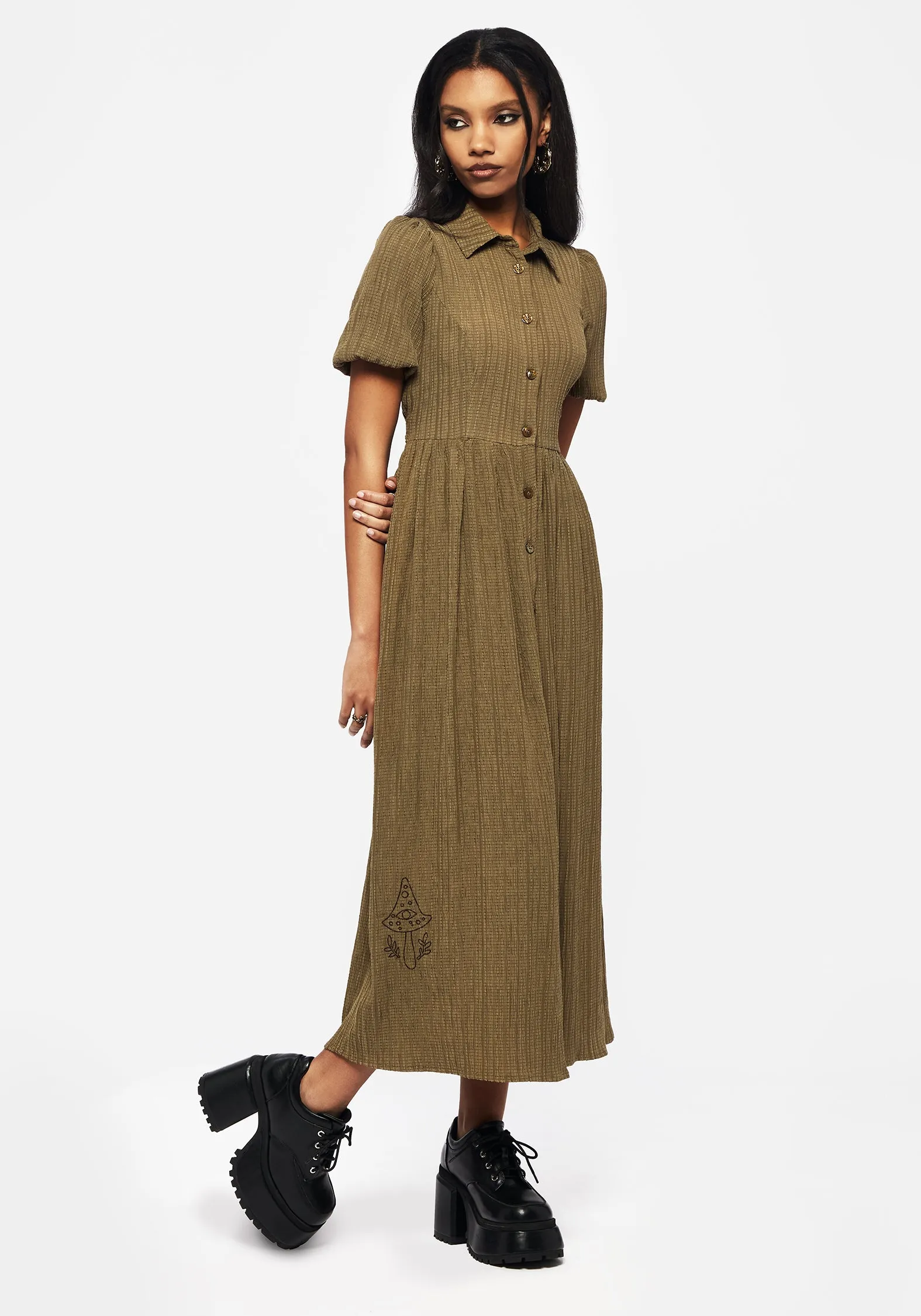 Ramaria Embroidered Puff Sleeve Button Up Midaxi Shirt Dress Functional Fit Daily Comfort