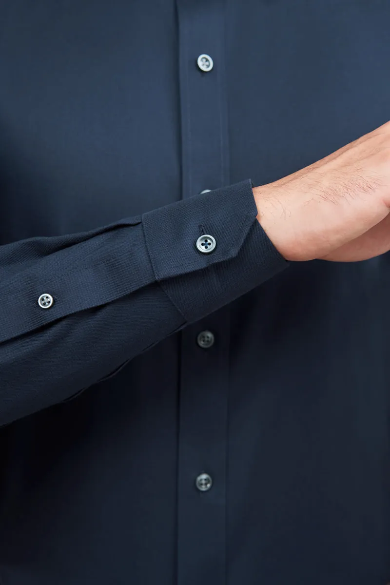 Wrinkle-Free Dobby Twill Dress Shirt  | Navy Semi Plain 27587N Fitted Silhouette Structured Shoulder Support
