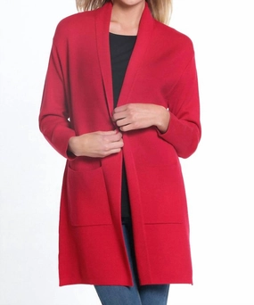 3/4 Sleeve Drop Shoulder Shawl Collar Open Front Cardigan In Vivid Red Fashion Knit