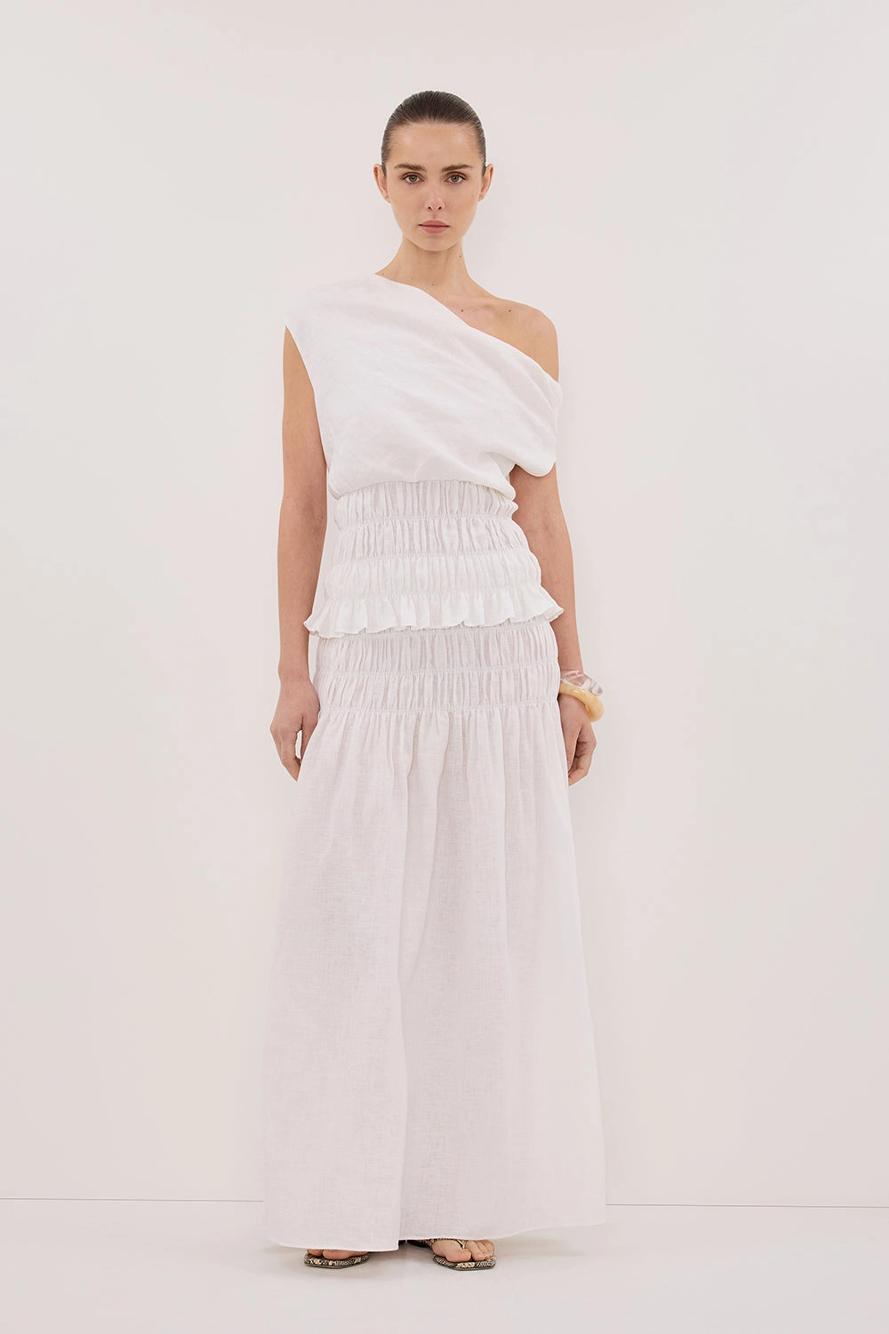 MAIA WHITE LINEN SHIRRED SKIRT Moisture Wicking Textile
