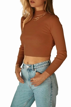 Cropped Open-Back Mock Neck Sweater In Amber Brown Comfort Knit Piece