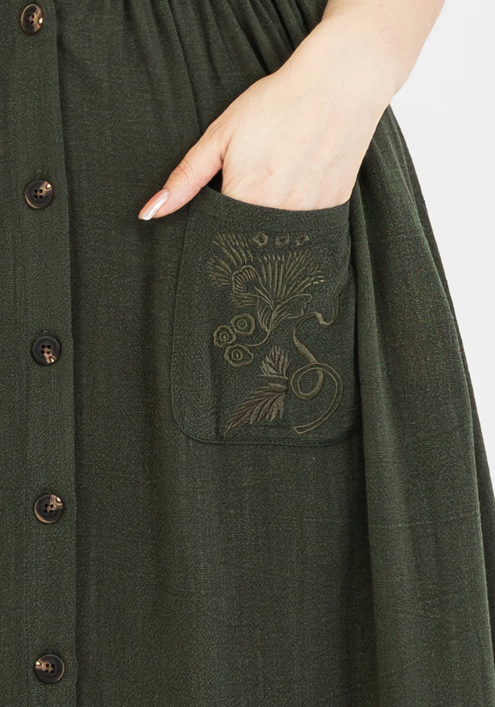 slim fit Foliate Linen-Blend Embroidered Button Up Midi Dress - Green