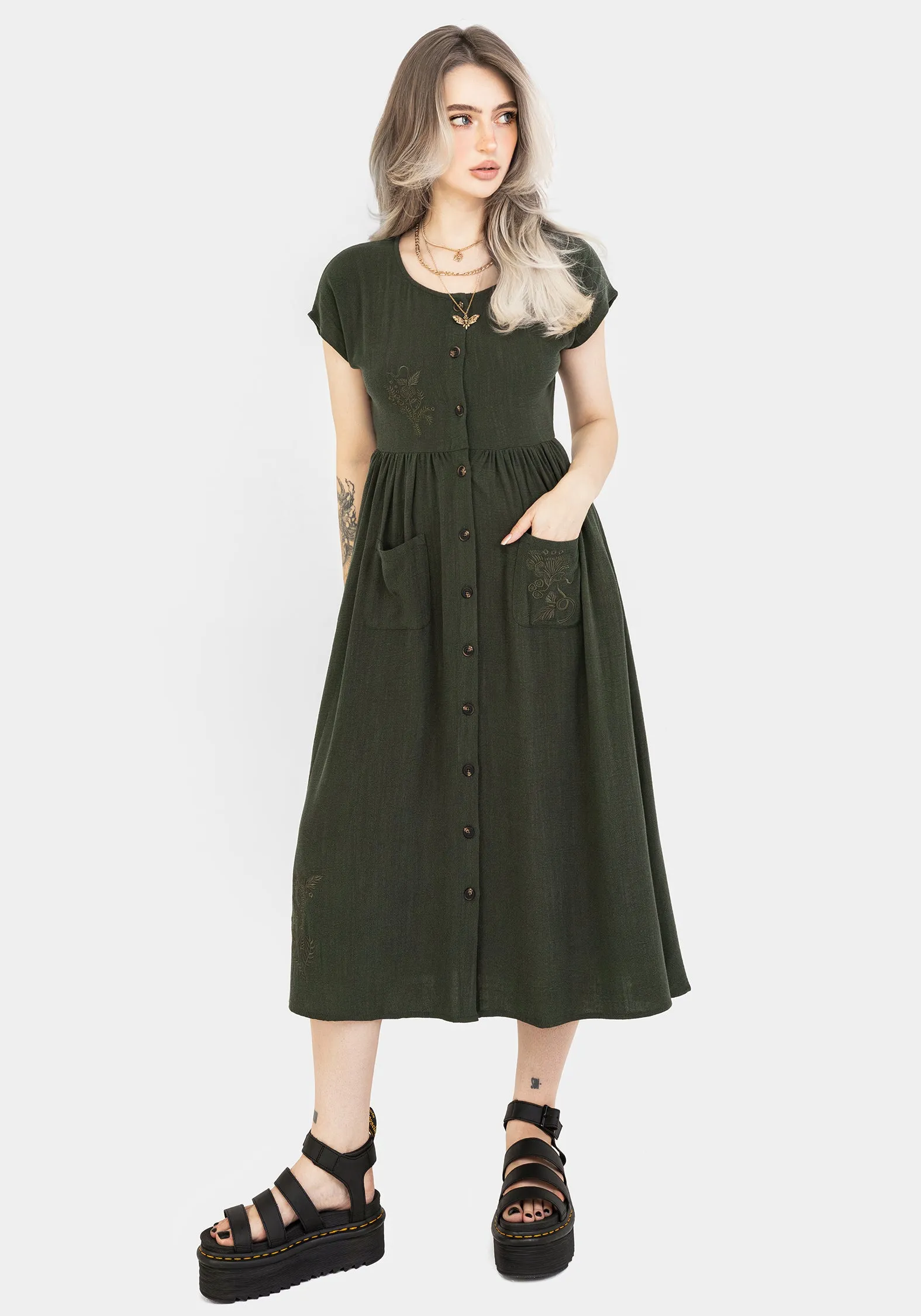 Foliate Linen-Blend Embroidered Button Up Midi Dress - Green Artistic Vibe