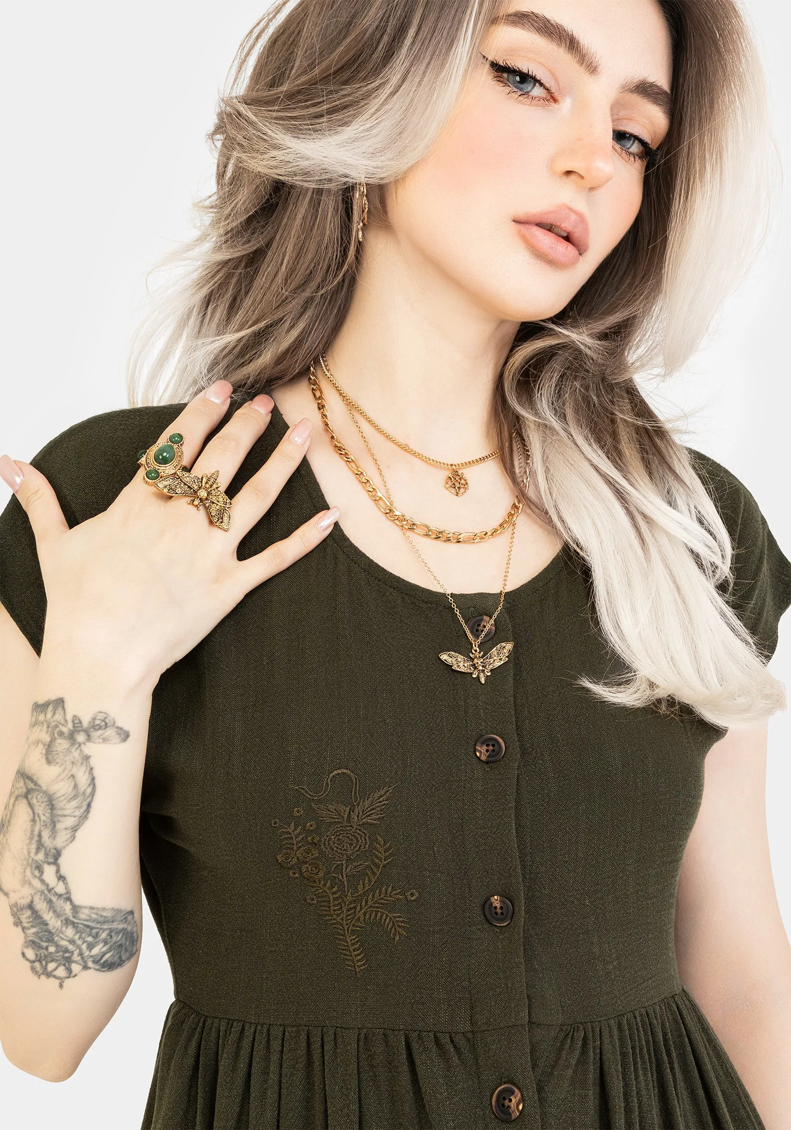 Sweet Mood Evening Look Foliate Linen-Blend Embroidered Button Up Midi Dress - Green