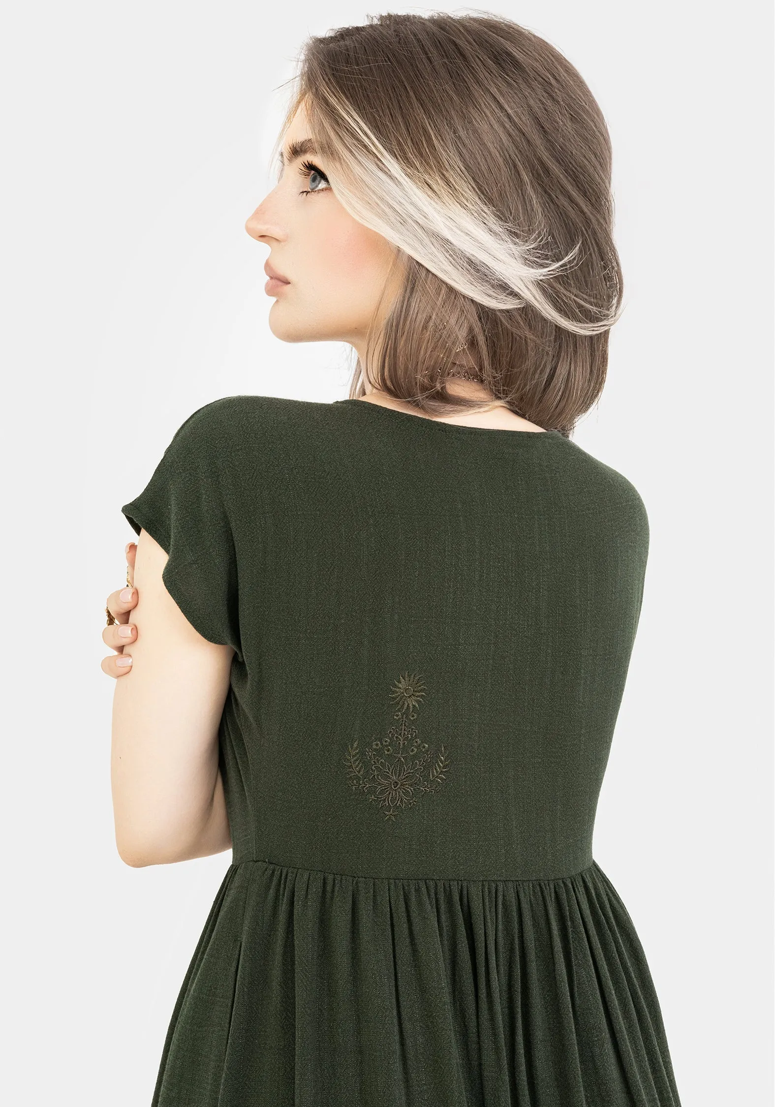 Foliate Linen-Blend Embroidered Button Up Midi Dress - Green Seasonal Style