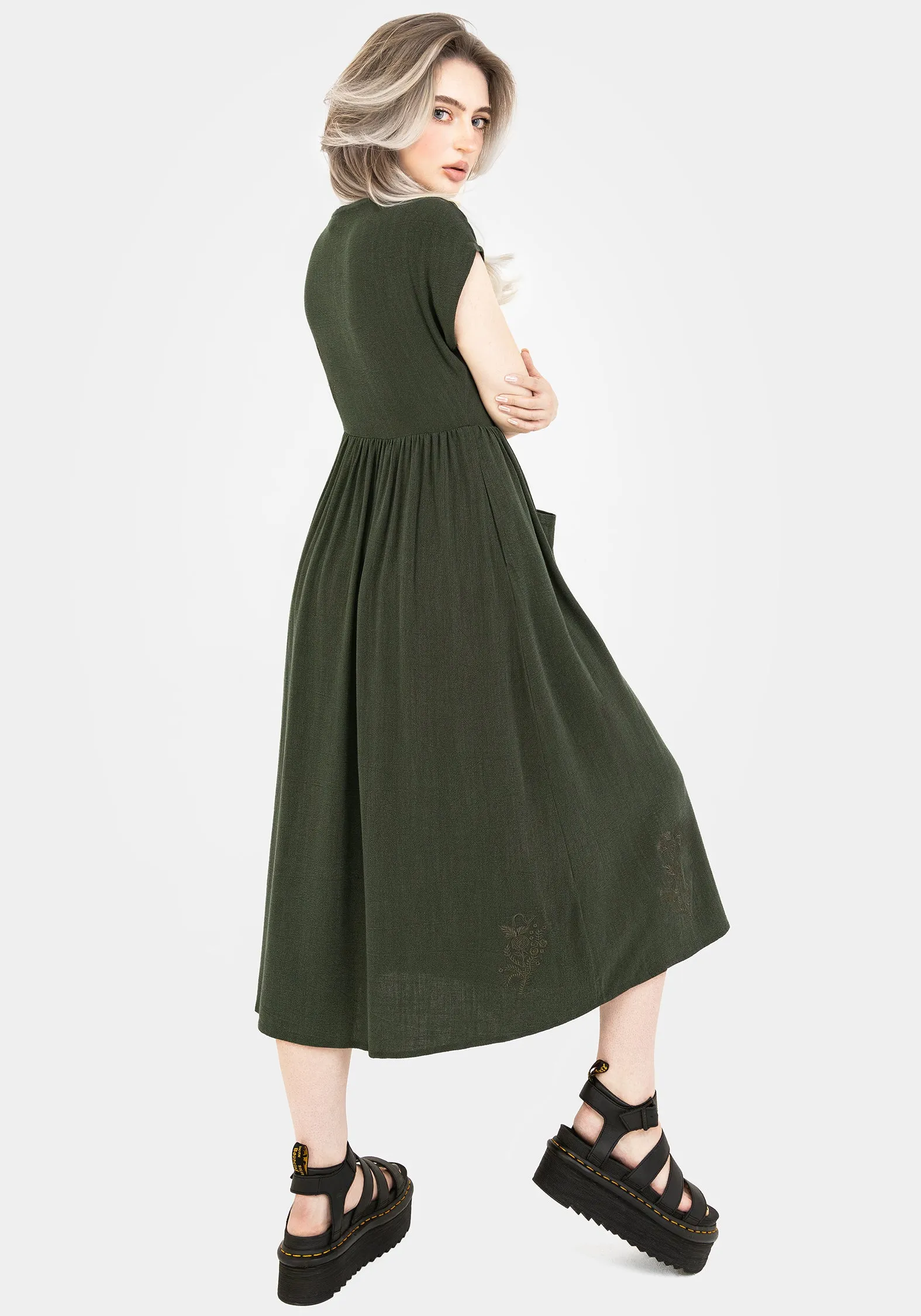 Foliate Linen-Blend Embroidered Button Up Midi Dress - Green Comfortable Layer
