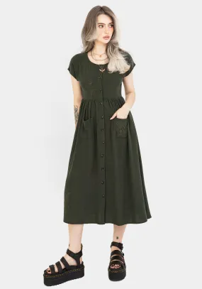 Foliate Linen-Blend Embroidered Button Up Midi Dress - Green Artistic Vibe