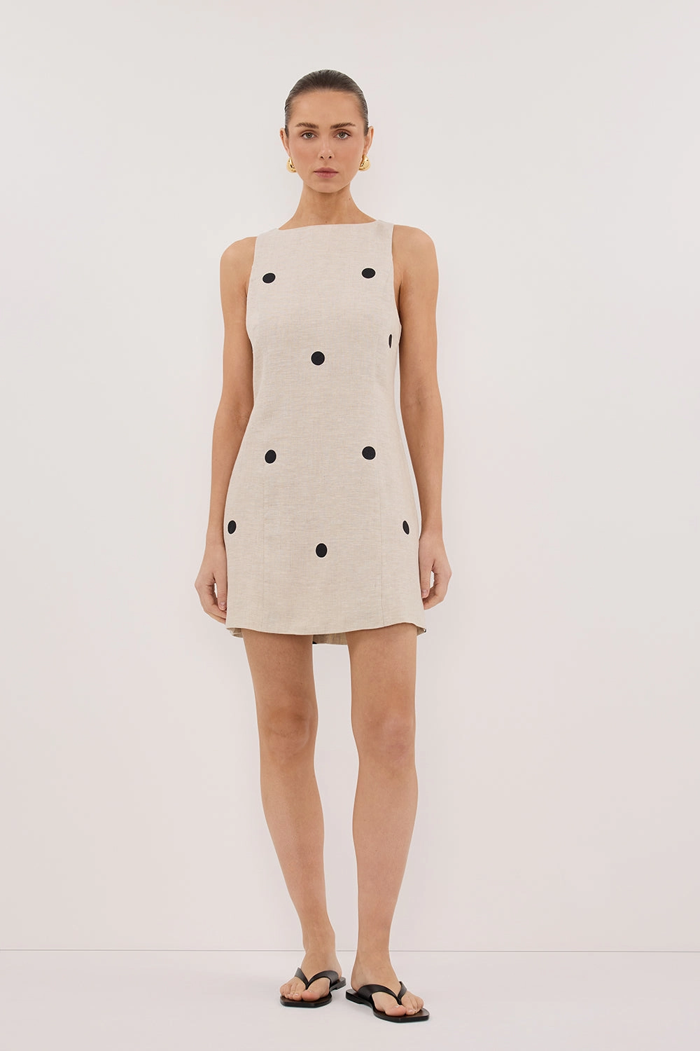 Sage Detail Flattering Design BEVERLY NATURAL SPOT LINEN MINI DRESS