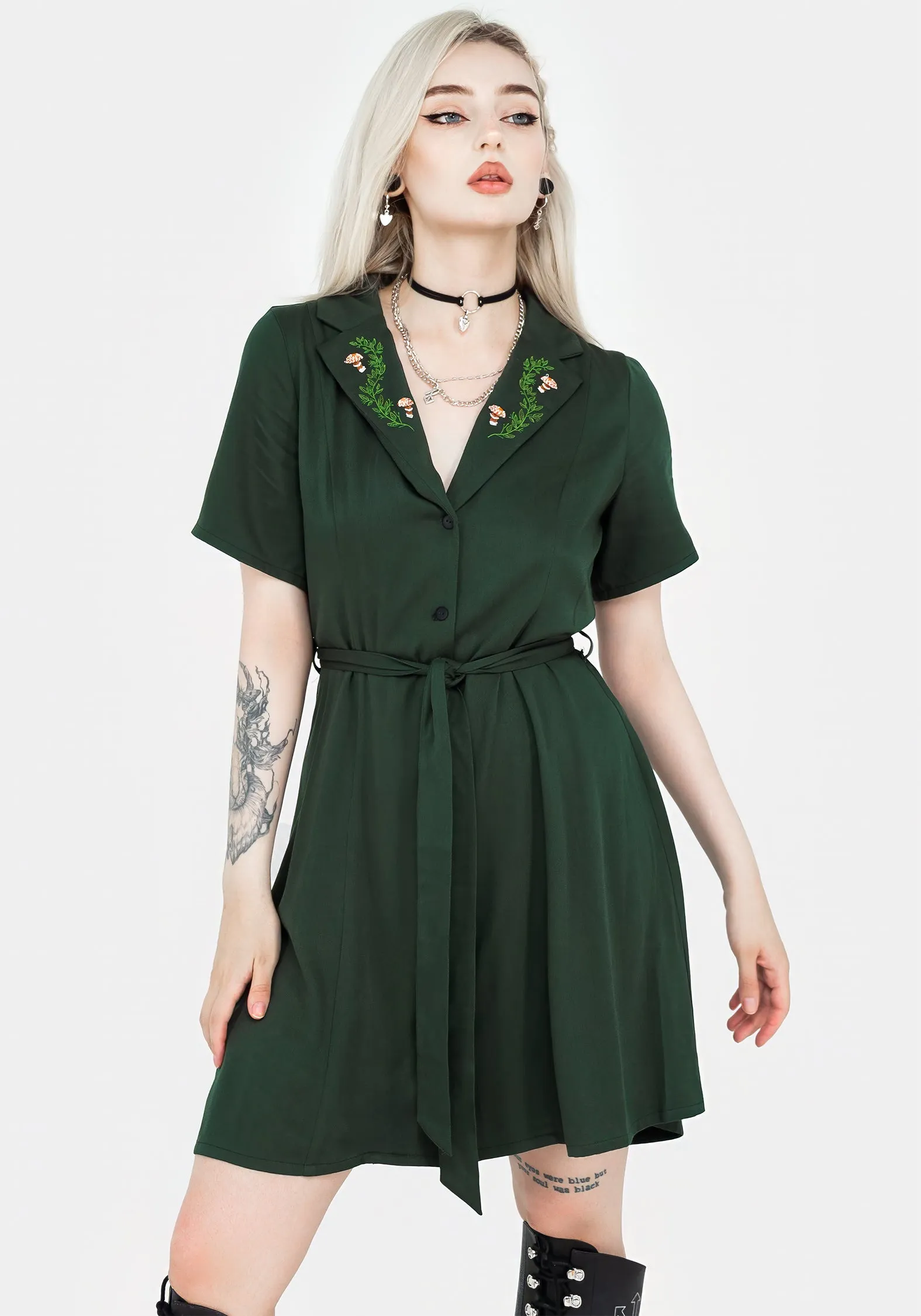 Bloom Zone Pleated design Fable Button Up Mini Shirt Dress