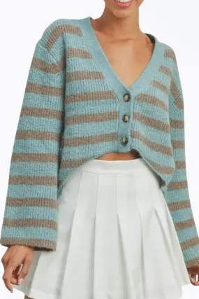 Functional Style Cropped High-Low Striped Cardigan In Sky Blue/grey