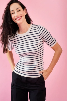 The Stripe Knitwear Basic in Black and Cream Soft Material Wrinkle Resistant Weave