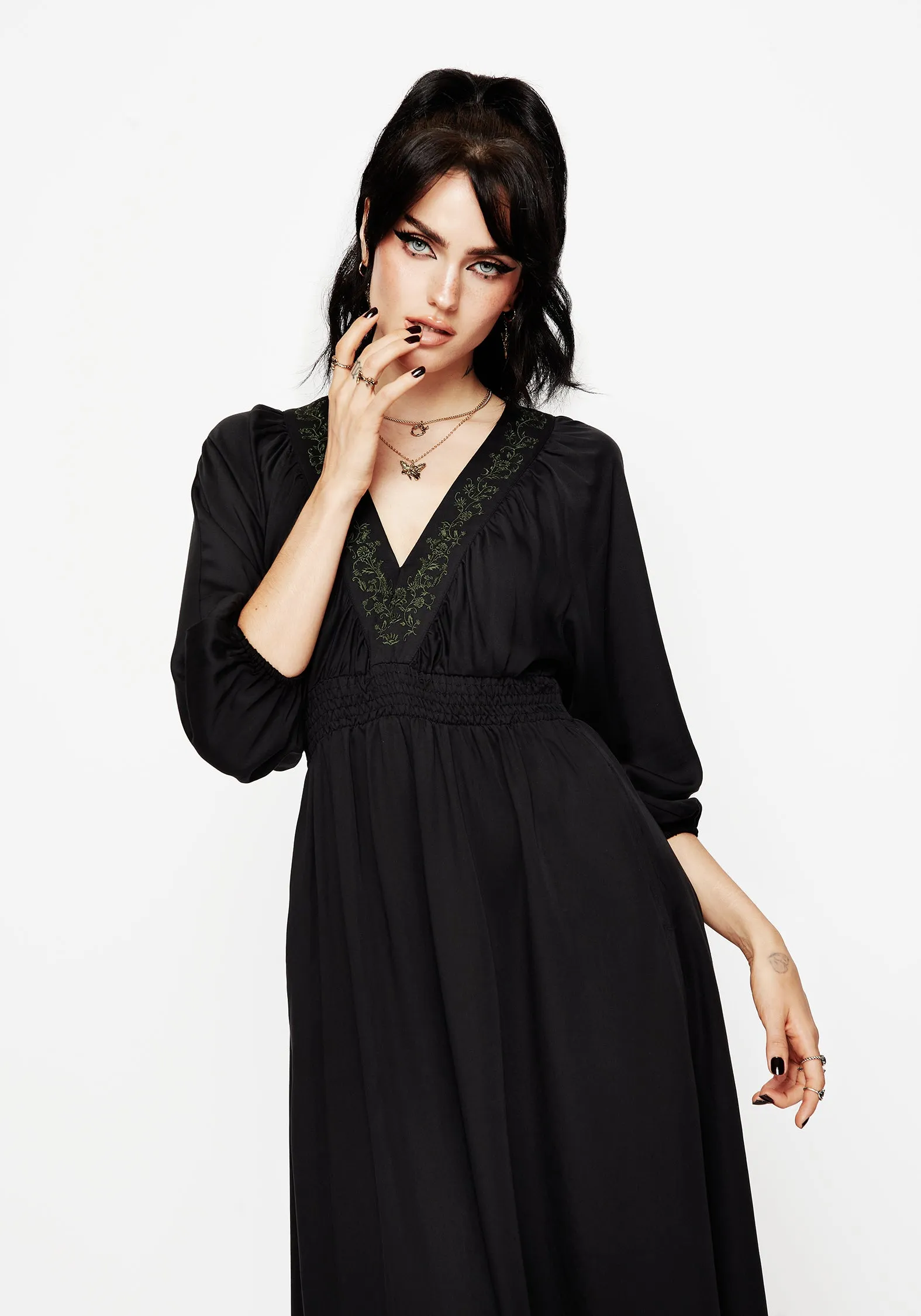 Veil Floral Embroidered Batwing Midaxi Dress Pure Motion Sheer Overlay