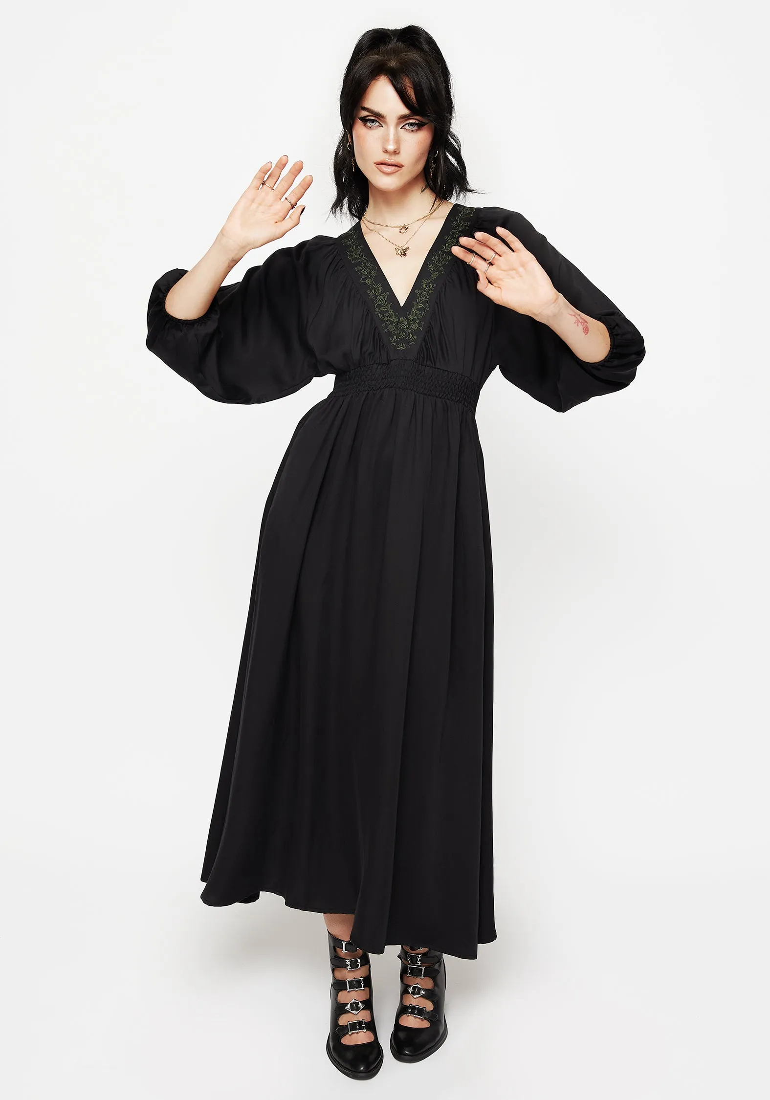 Odor-Control Business casual Veil Floral Embroidered Batwing Midaxi Dress