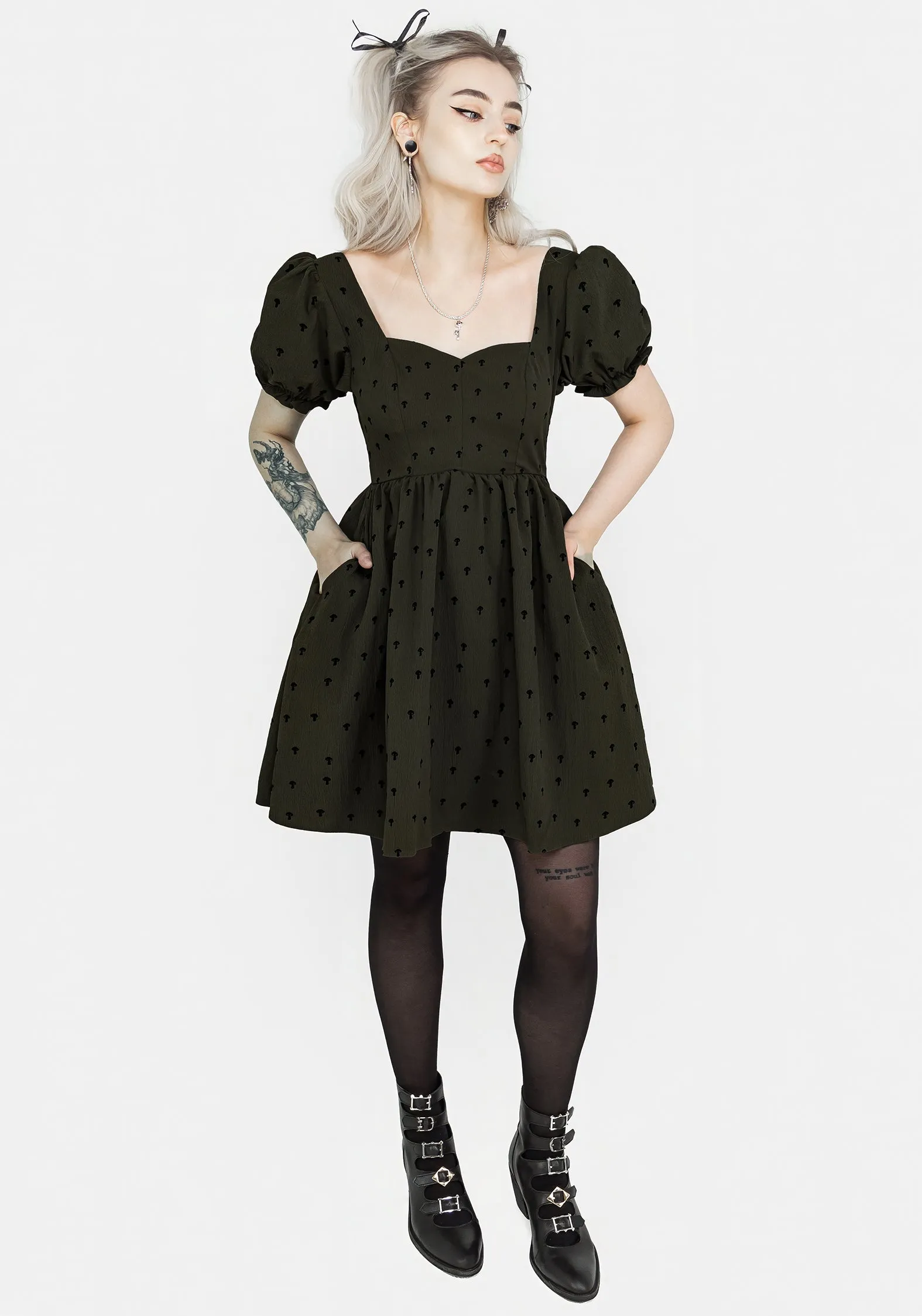 Chanterelle Velour Puff Sleeve Mini Dress High-waist Subtle Texture