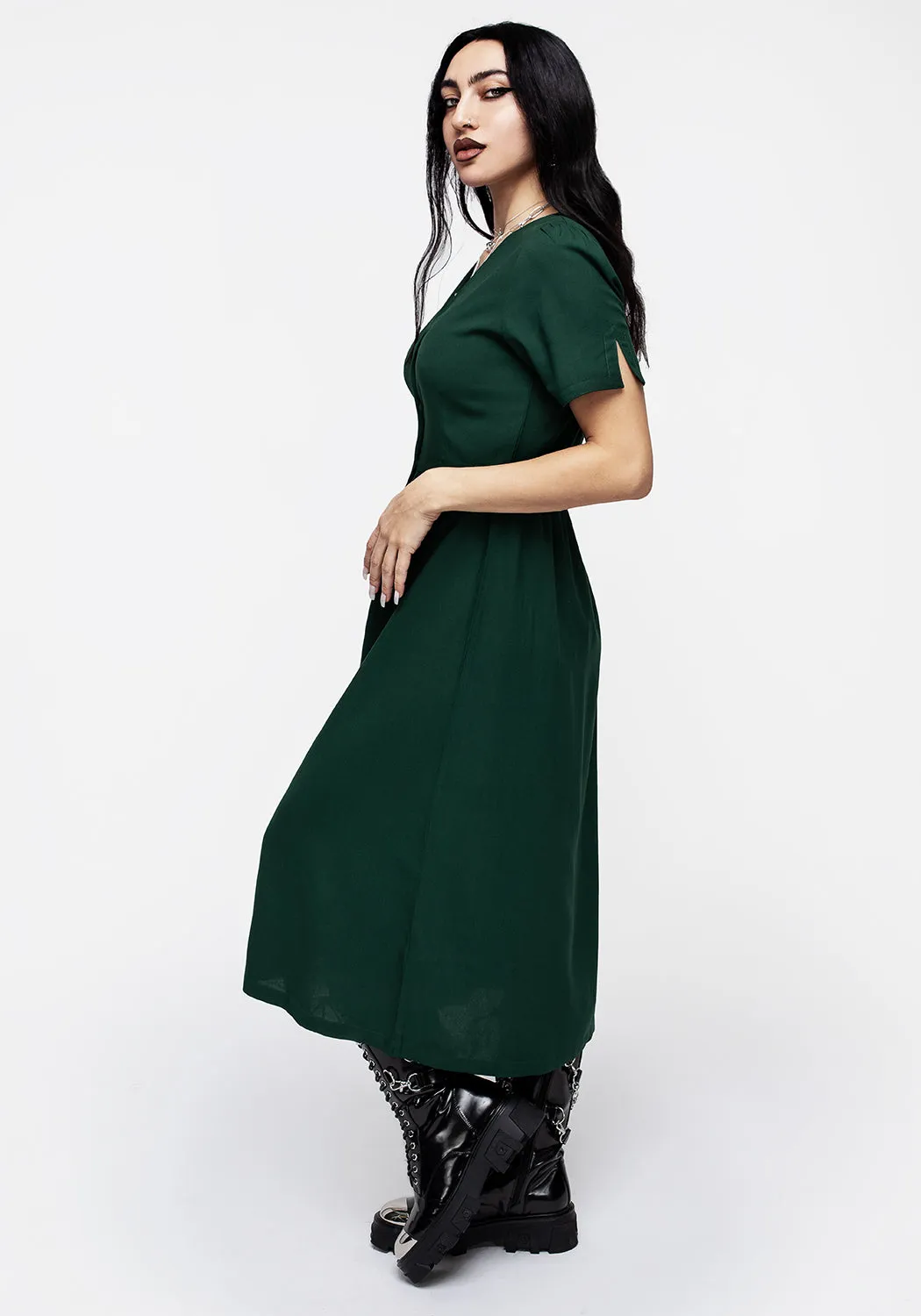 Saturated Hue Statement-Print Realm Button Down Midi Dress - Sycamore Green