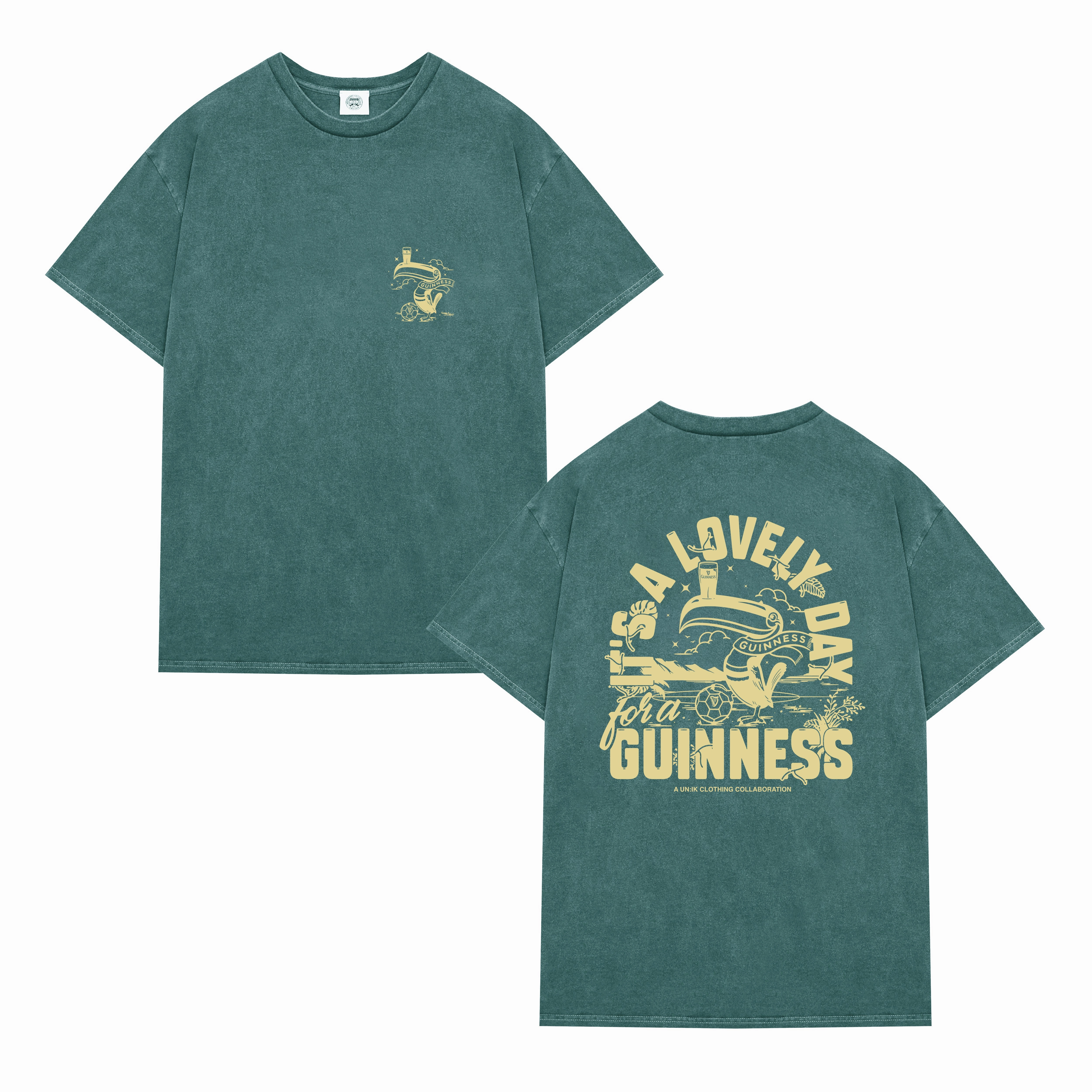 Guinness x UN:IK 'Football Toucan' Vintage Washed Tee - Green ColorfastFabricTech Reinforced Shoulders