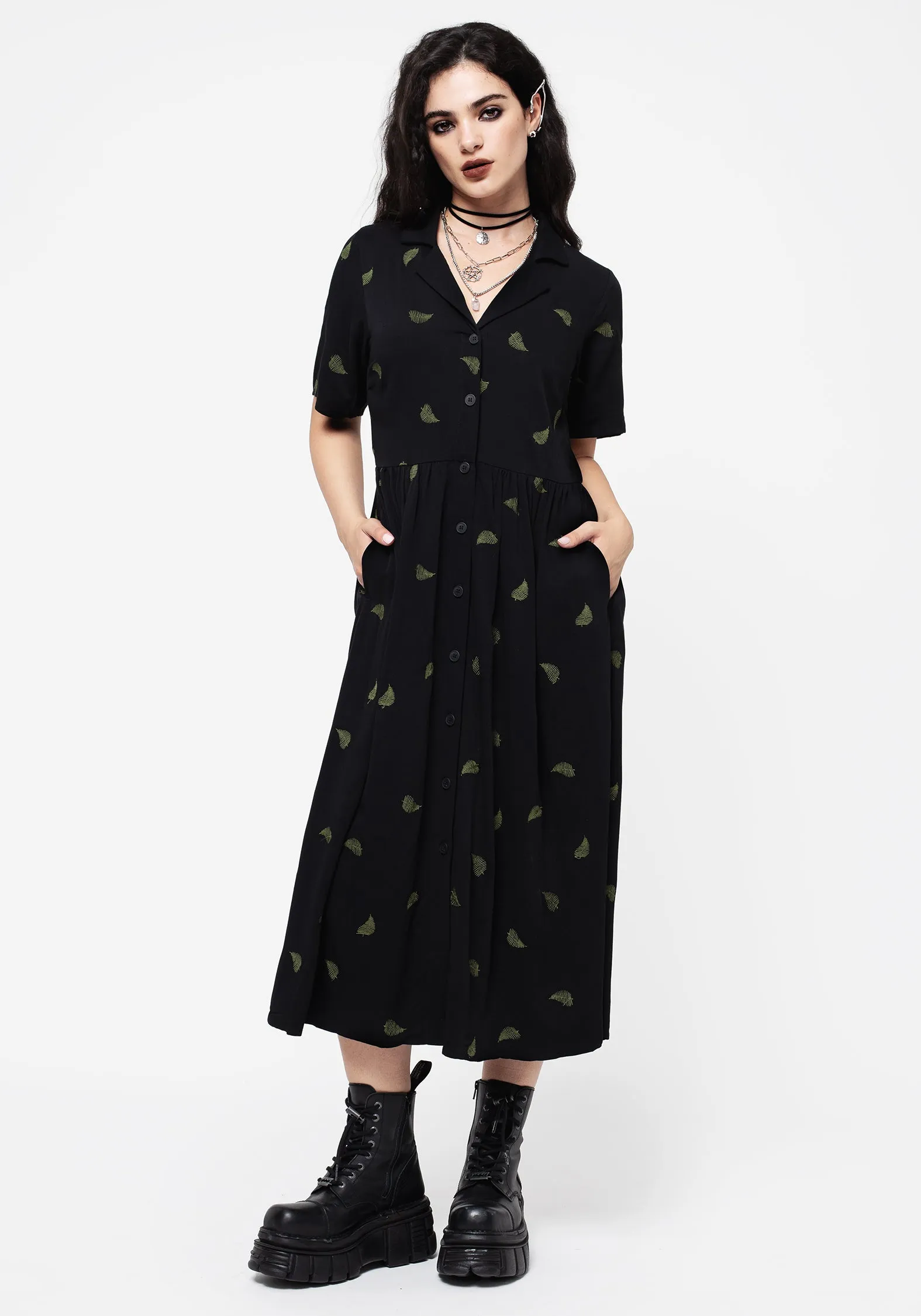 Gemstone-Detail Osmunda Fern Embroidered Midi Shirt Dress