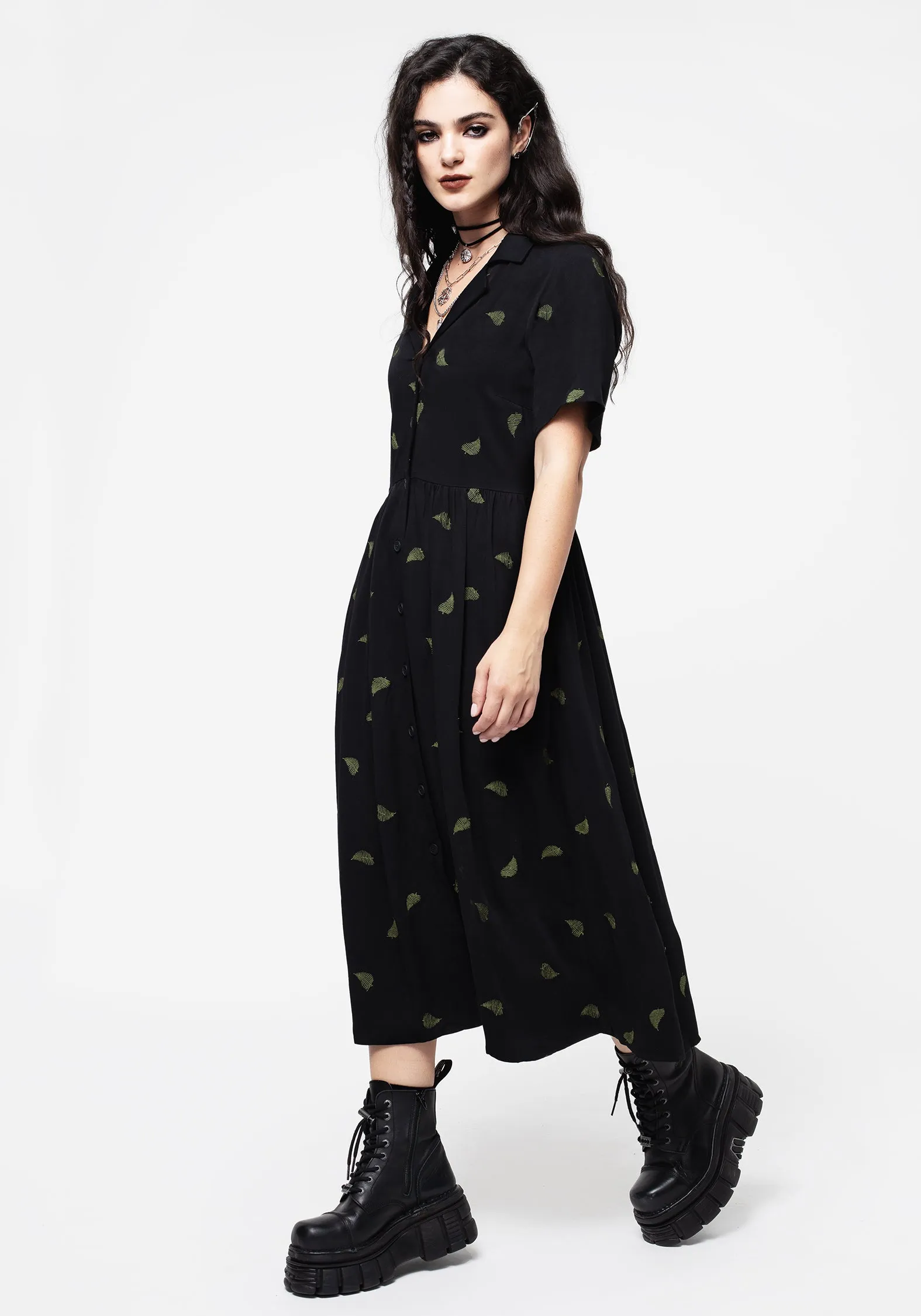 Osmunda Fern Embroidered Midi Shirt Dress Urban Aesthetic